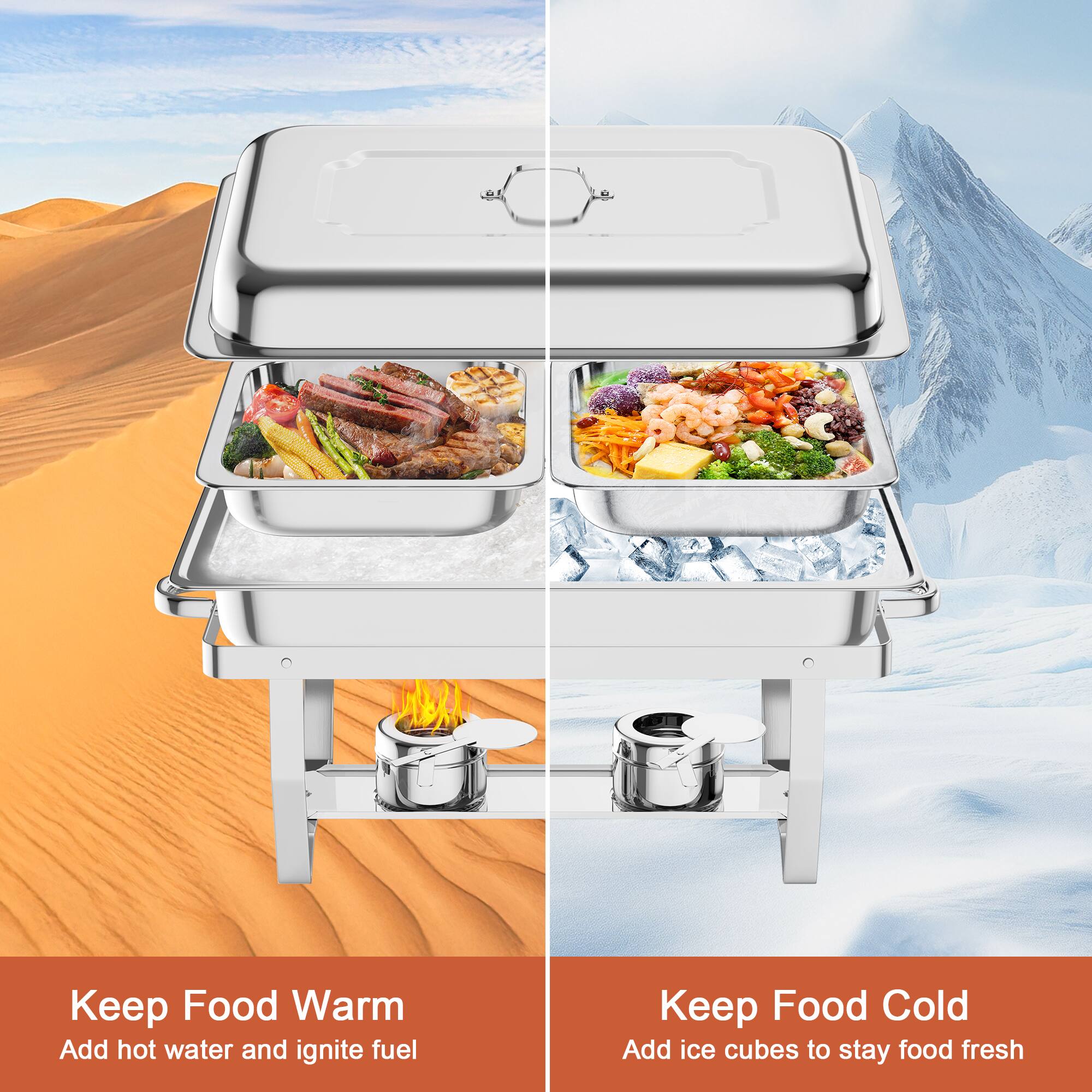 Keep Food Warm  
Add hot water and ignite fuel  

Keep Food Cold  
Add ice cubes to stay food fresh