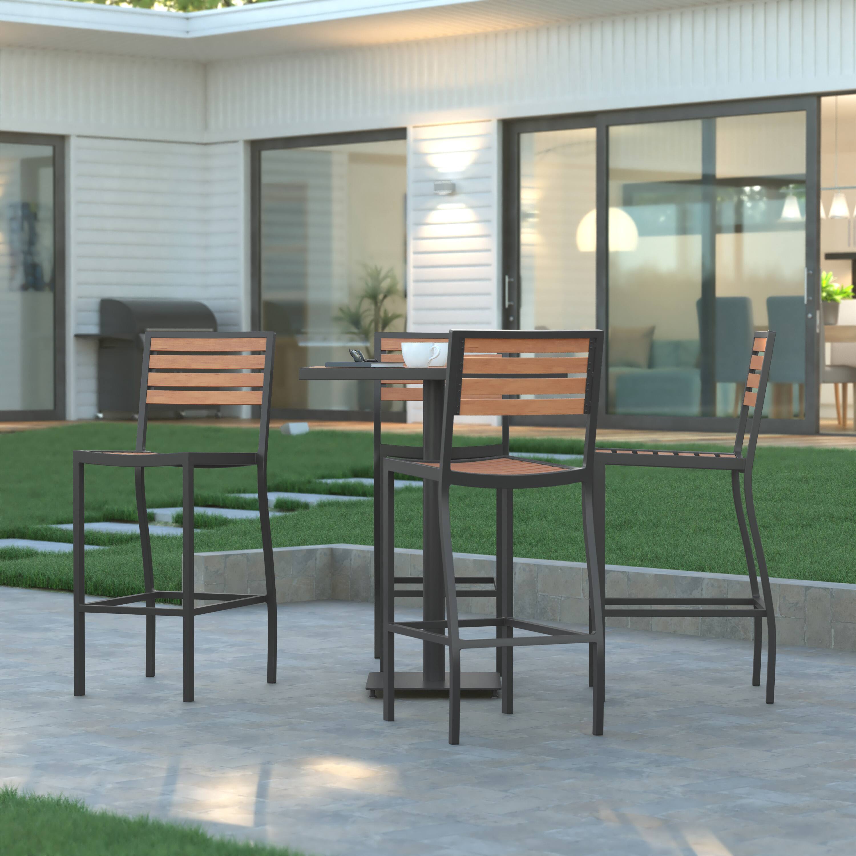 Alt View 4. Emma + Oliver - Livia All-Weather Armless Bar Height Dining Stool with Polyresin Slats and Aluminum Frame - Teak.