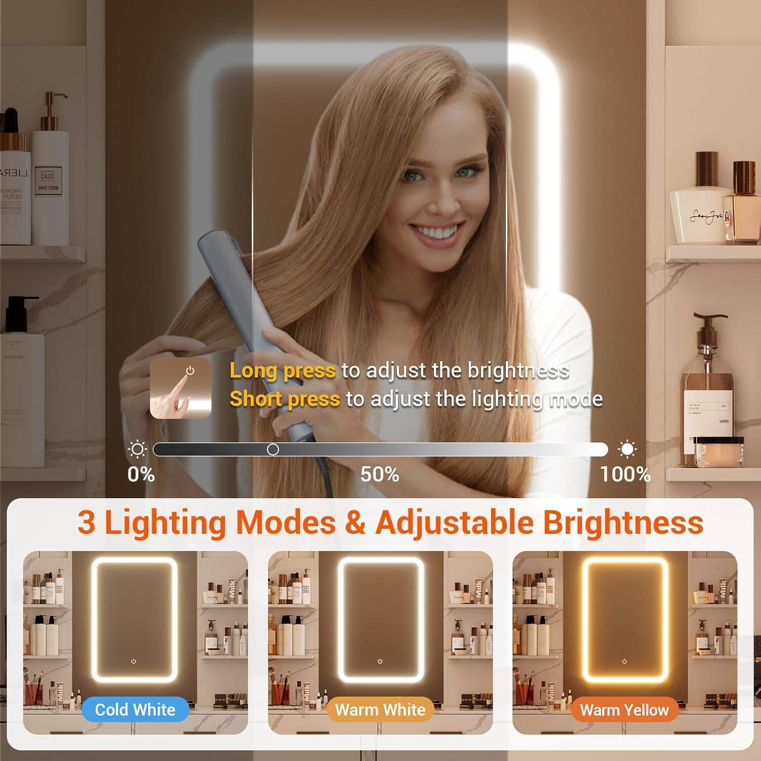 Sure, here is the corrected and grouped text:

---

**Long press to adjust the brightness**  
**Short press to adjust the lighting mode**

**0%**  
**50%**  
**100%**

**3 Lighting Modes & Adjustable Brightness**

- **Cold White**
- **Warm White**
- **Warm Yellow**

---