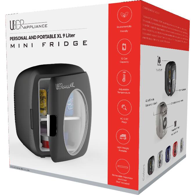 UBER APPLIANCE  
PERSONAL AND PORTABLE XL 9 Liter MINI FRIDGE  

- Environmentally Friendly  
- 12 Can Capacity  
- Adjustable Temperature  
- AC & DC Plugs  
- Light Weight Portable  
- Removable Separator and Door Shelf Included  

www.uberappliances.com  

Colors:  
- Black  
- Red  
- Blue  
- Silver