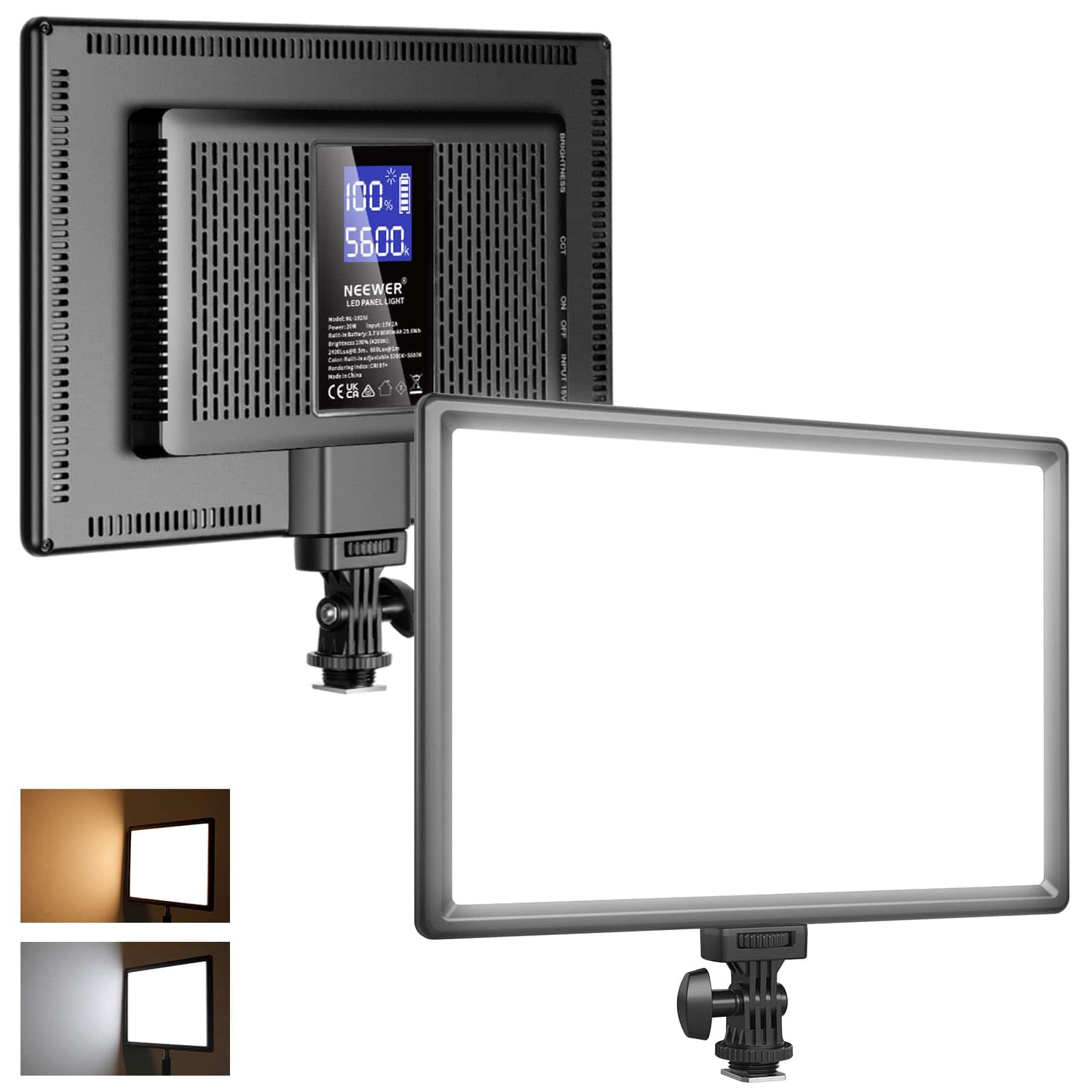 Neewer - 20W Ultra-Thin LED Video Light Panel - Bi-Color Dimmable Key Light with Built-in Battery for Studio - Black