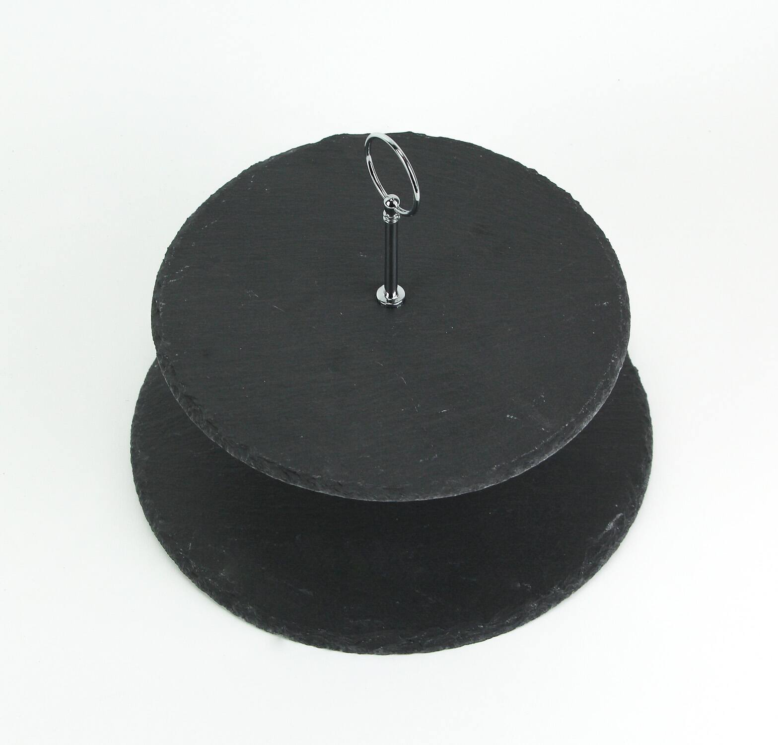 Alt View 1. Audrey's - Two Tier Round Slate Stone and Chromed Metal Country Farmhouse Serving Tray - Grey.