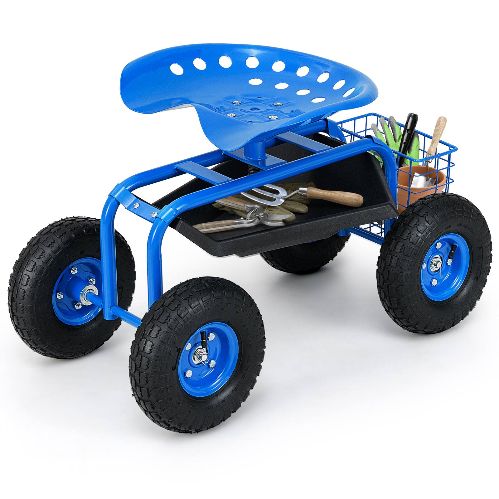 Alt View 6. SKONYON - Heavy Duty Garden Rolling Seat Cart with Large Pneumatic Wheels and Tool Tray Storage - Blue.