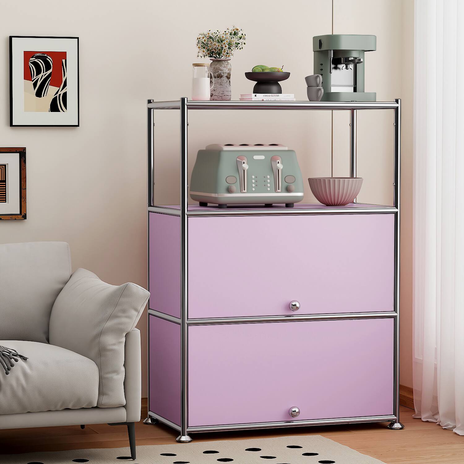 Alt View 2. Malletson - 3-Tier Metal Sideboard Buffet Storage Cabinet Modern Grid-Style, for Dining Room, Living Room or Office - Pink.