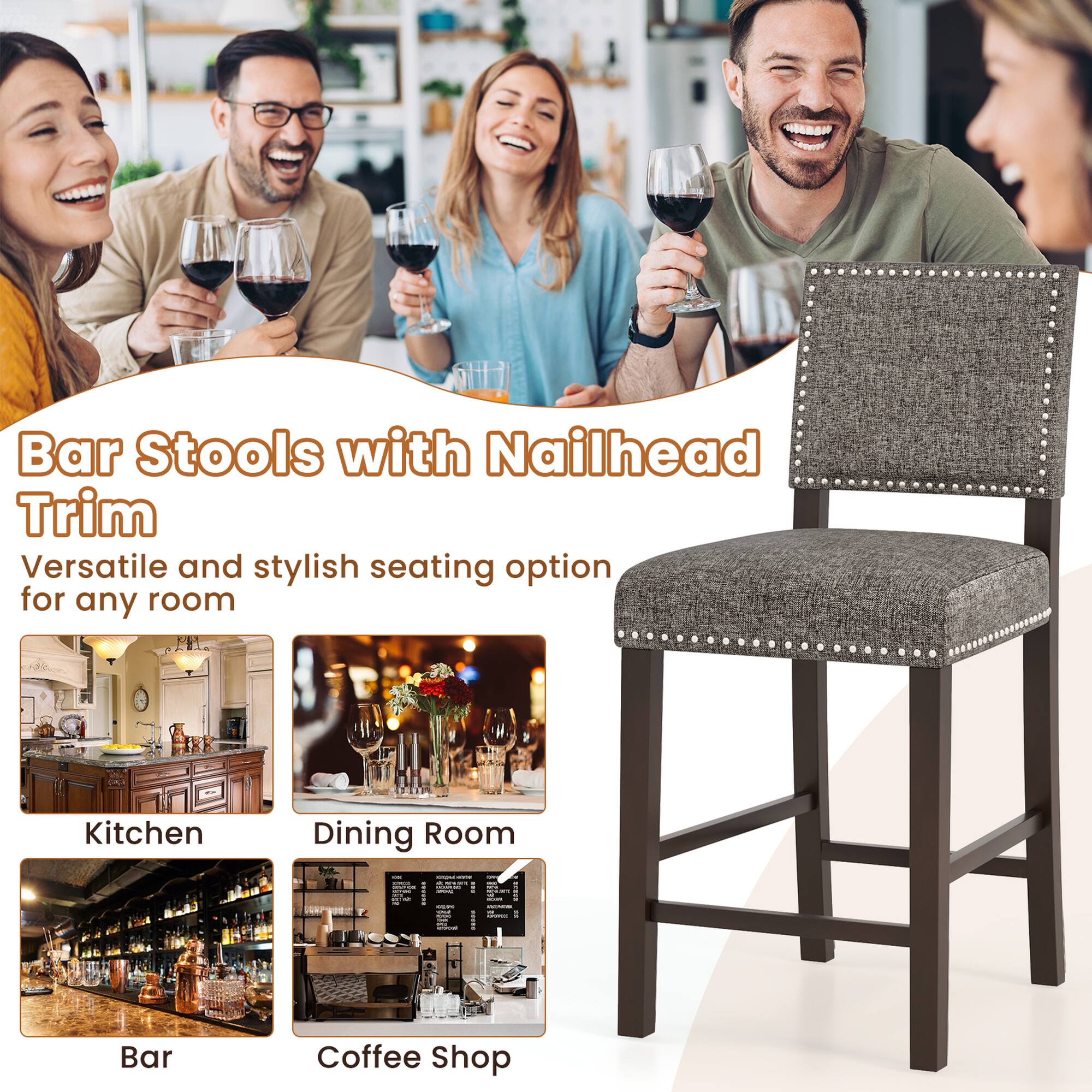 Bar Stools with Nailhead Trim Versatile and stylish seating option for any room Kitchen Dining Room Coffee Shop