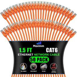 Maximm - Cat 6 Ethernet Cable 1.5 ft (50-Pack) - UTP, 10Gbps, 550MHz