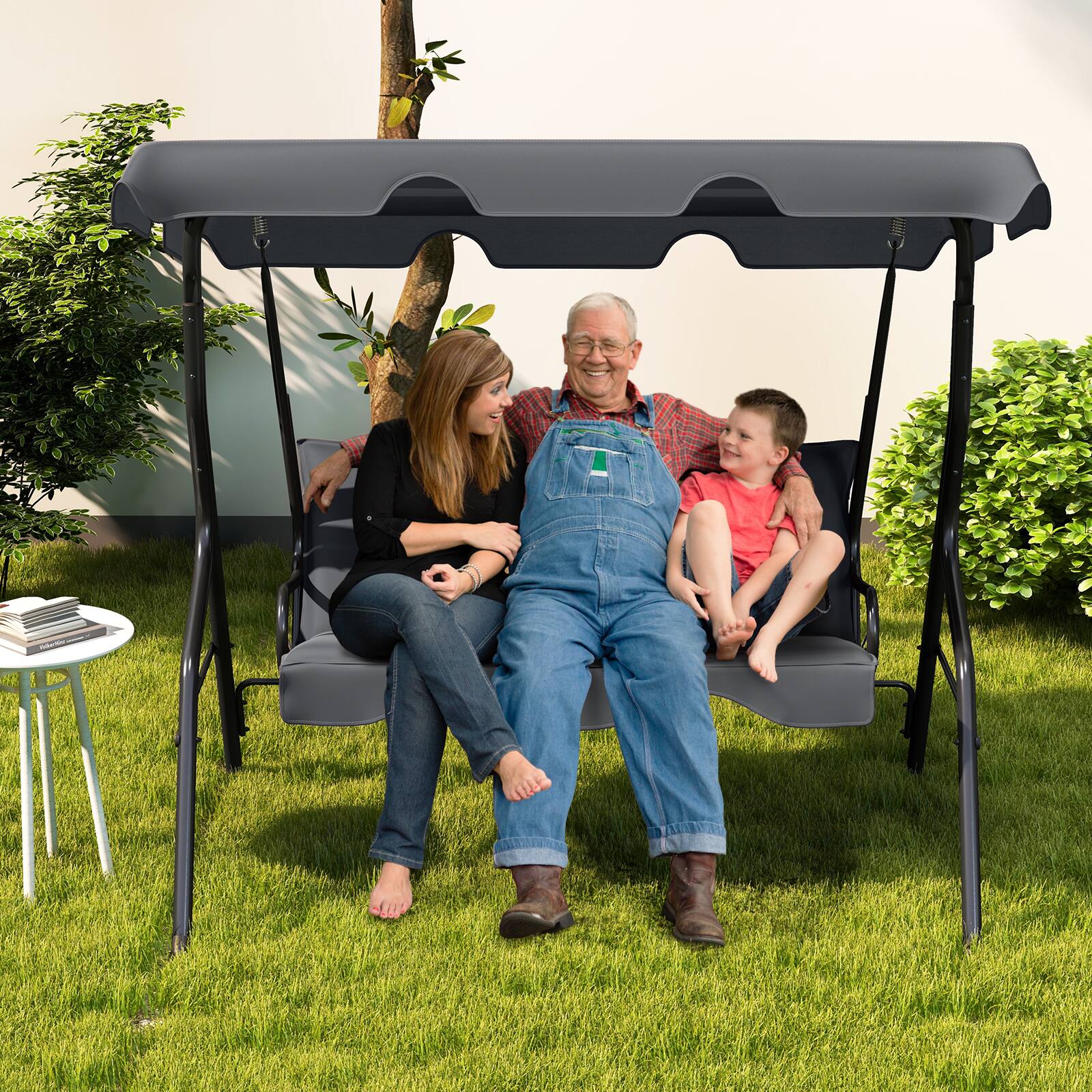 Alt View 3. Costway - Patio 3 Seats Canopy Swing Glider Hammock Steel Frame Cushioned Backyard - Grey.