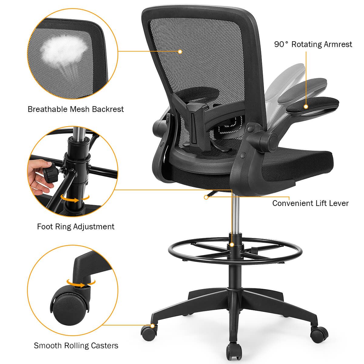 The text on the image describes a chair with a 90-degree rotating armrest, breathable mesh backrest, convenient lift lever, foot ring adjustment, and smooth rolling casters.