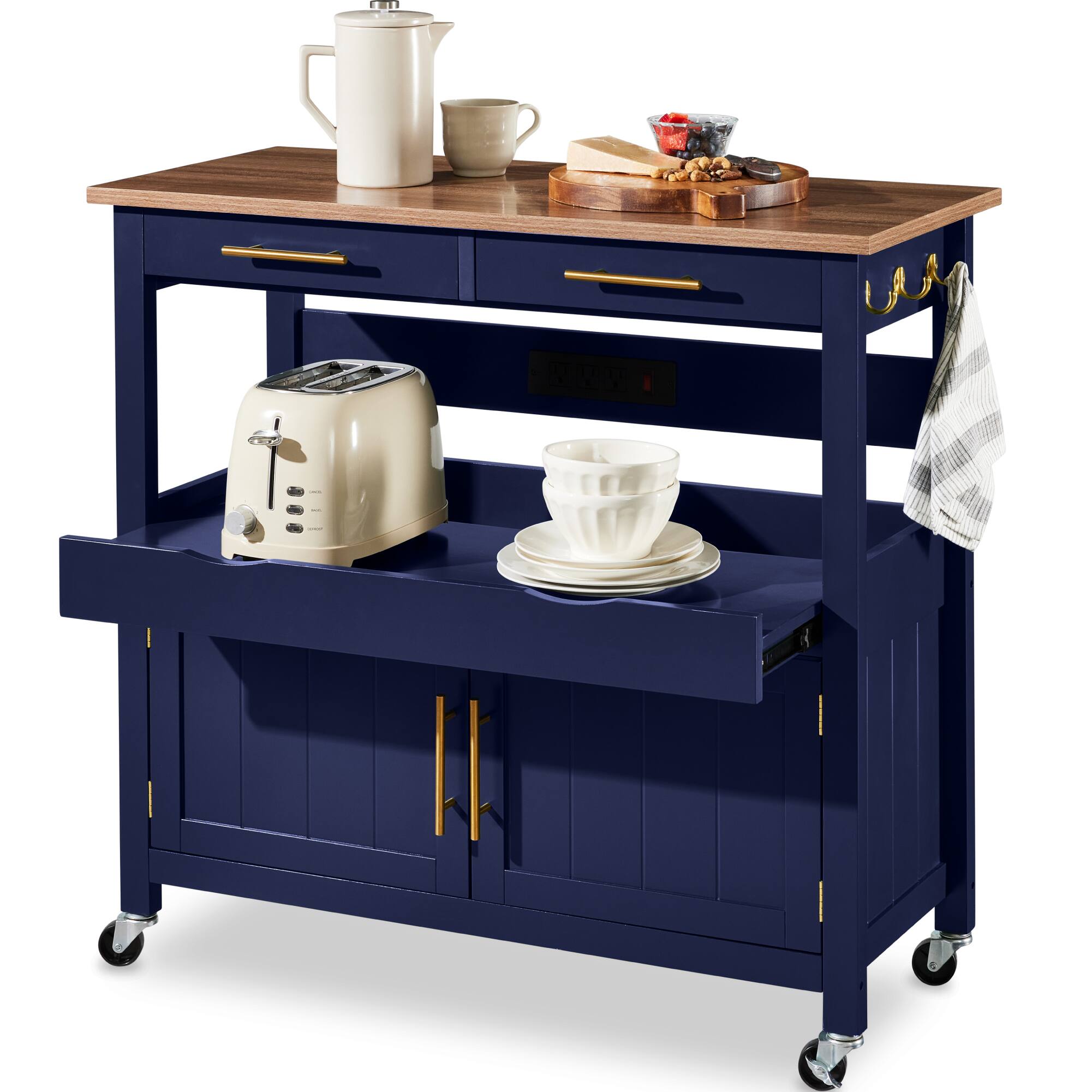 Best Choice Products - 36in Large Rolling Kitchen Island Cart, 2-Door Cabinet, Outlet, Hooks, & Wheels - Midnight Blue