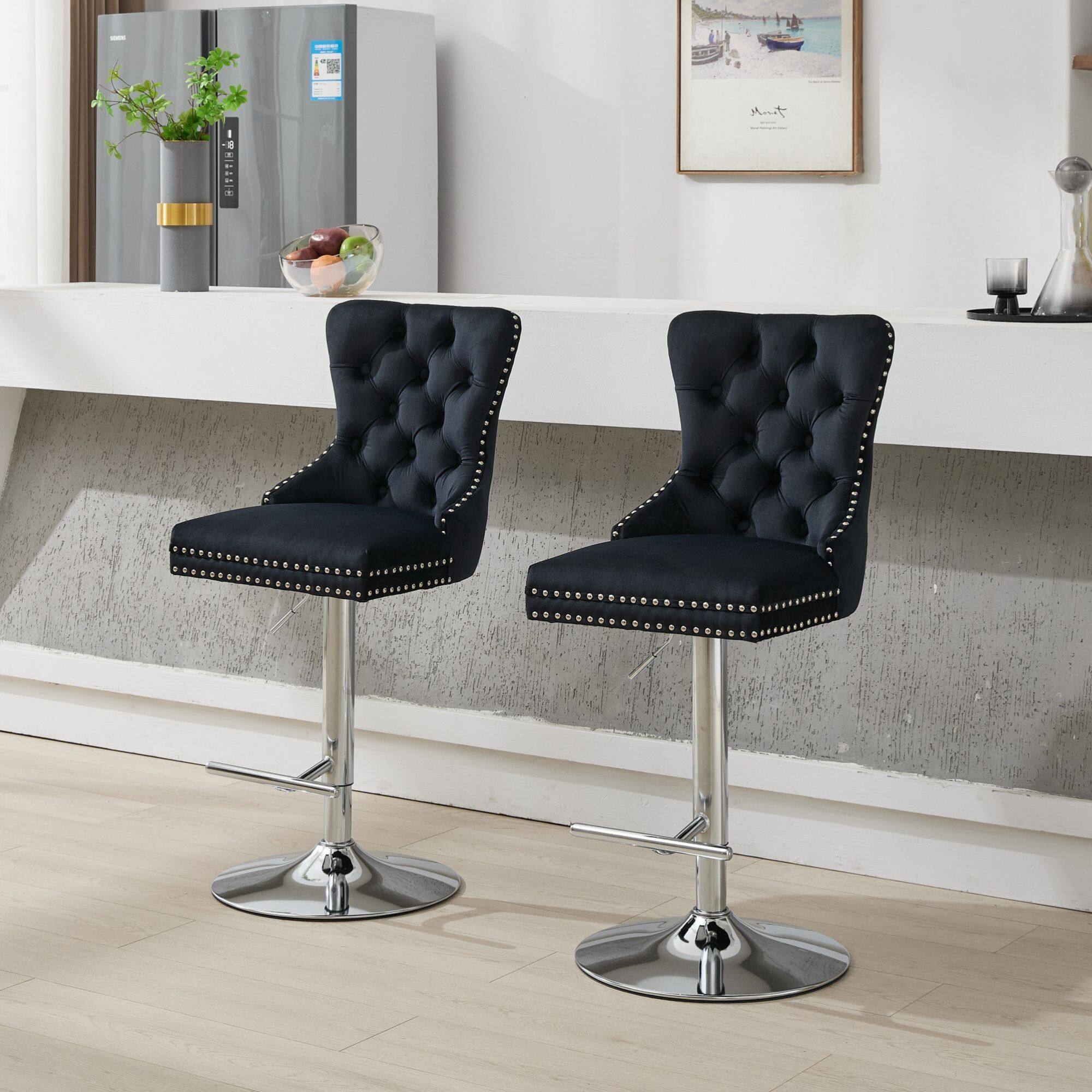 Front. GOODSILO - Adjustable Height Swivel Barstools with Velvet Upholstery and Chrome Base - Set of 2 for Home Bars and Kitchen Islands - Black.
