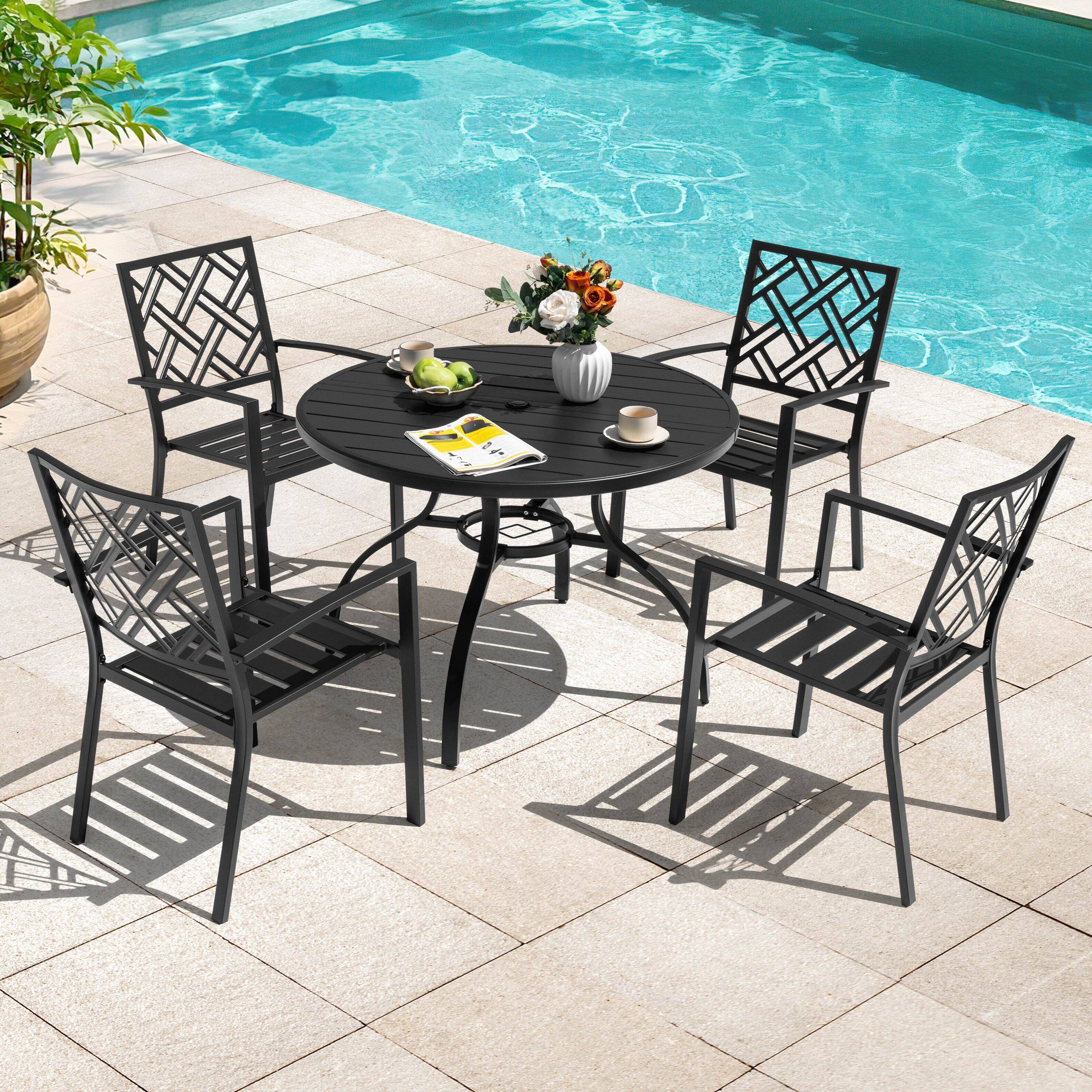 Left. Nuu Garden - 5-Piece Metal Round Outdoor Dining Set with Umbrella Hole and 4 Stackable Chairs - Black.