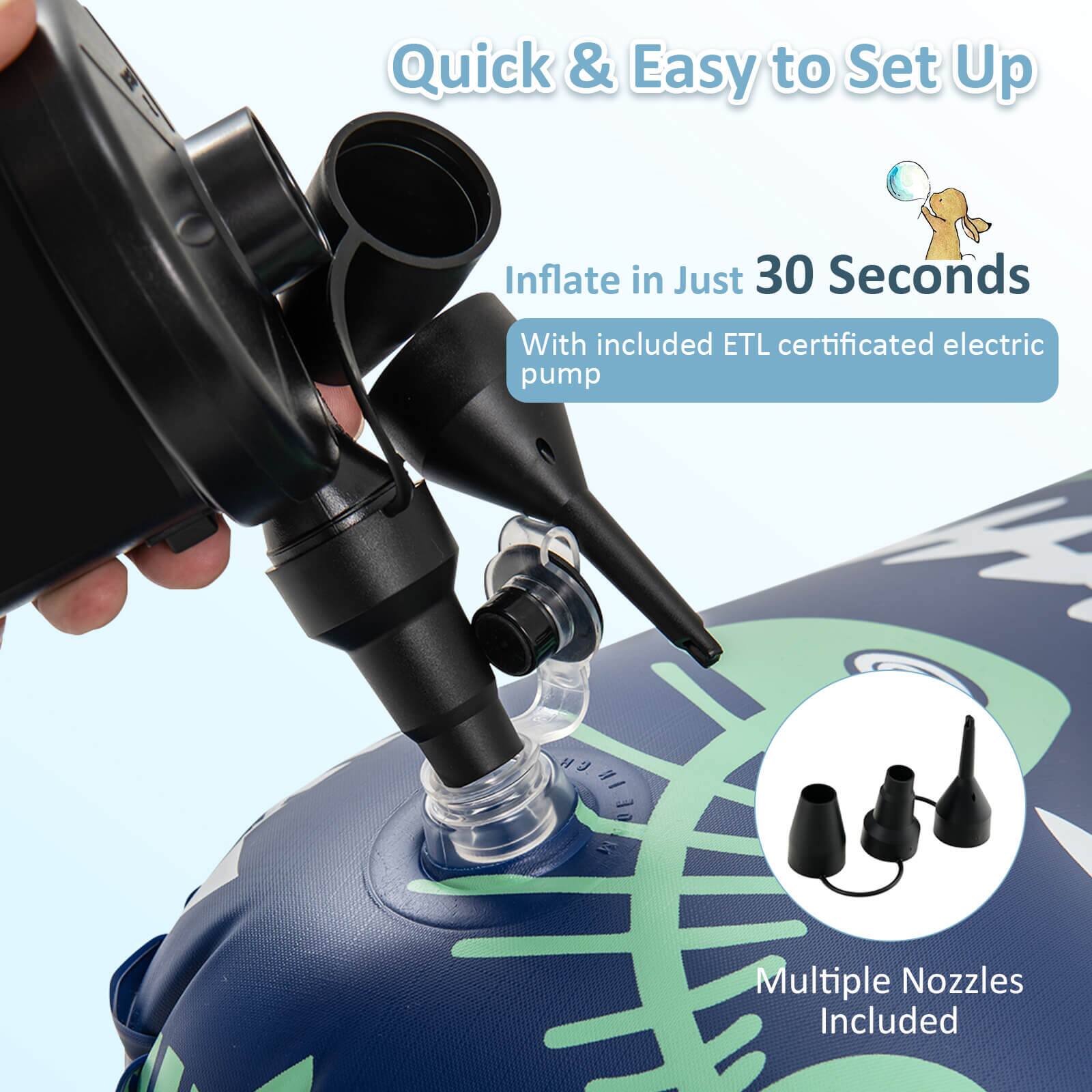 Quick & Easy to Set Up  
Inflate in Just 30 Seconds  
With included ETL certificated electric pump  
Multiple Nozzles Included