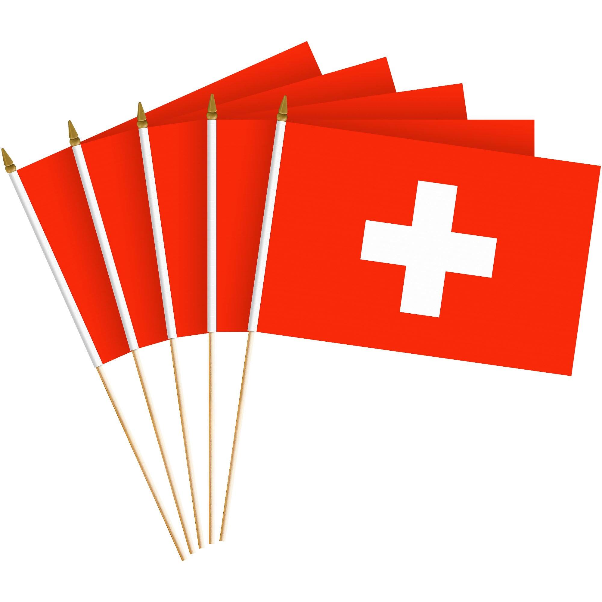 G128 - 12-Pack Switzerland Handheld Stick Flags, 8 x 12 in, 150D Polyester, Wooden Stick with Gold Spear Tip - Assorted Colors