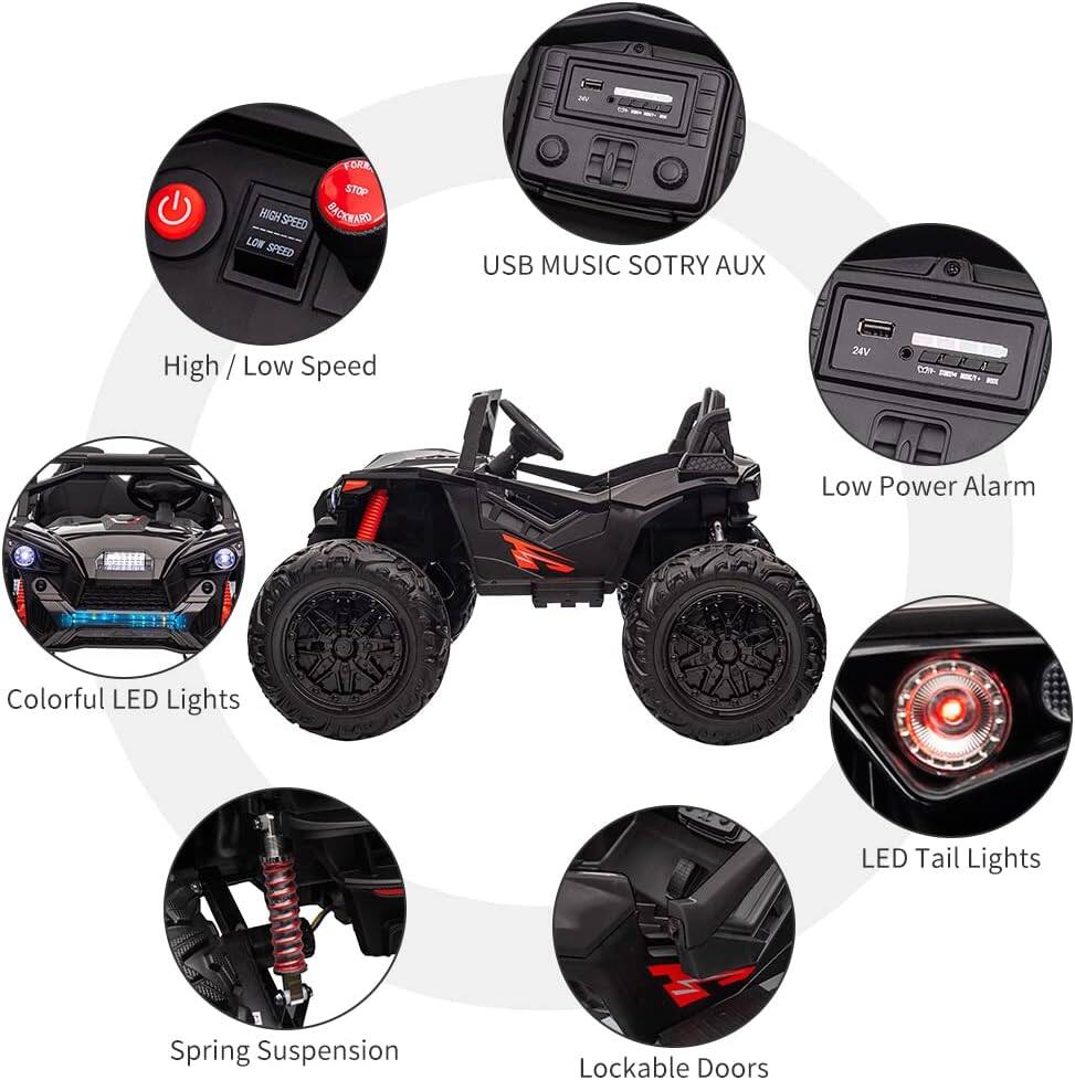 - High / Low Speed
- Colorful LED Lights
- Spring Suspension
- Lockable Doors
- USB MUSIC STORY AUX
- Low Power Alarm
- LED Tail Lights