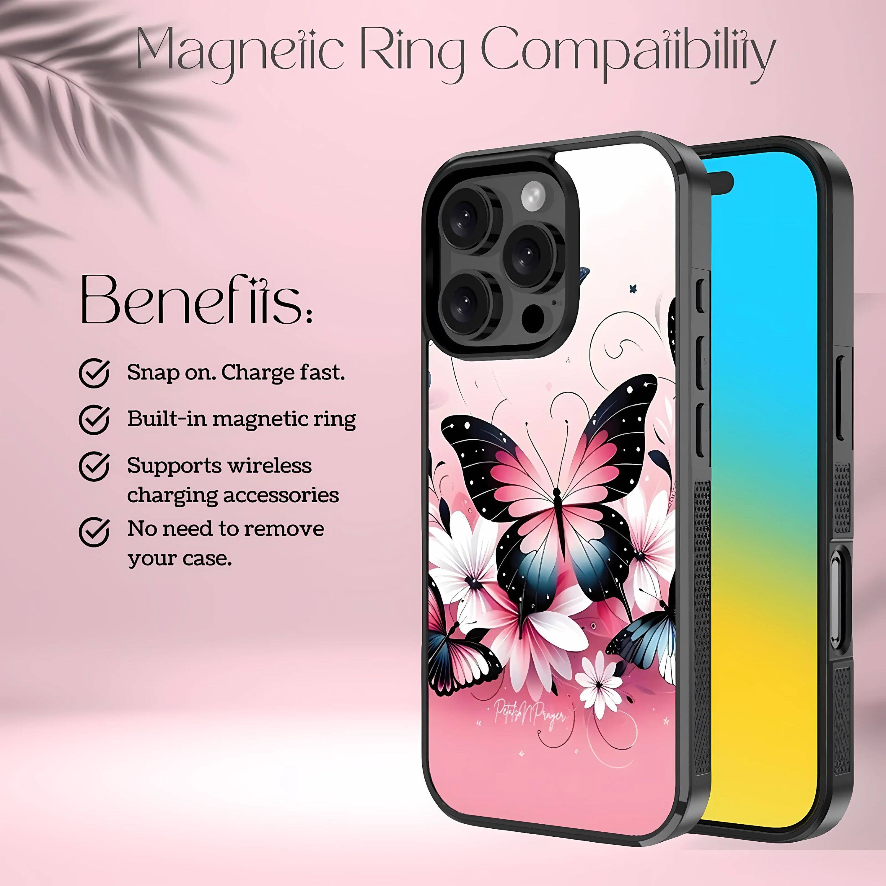 Magnetic Ring Compatibility

Benefits:
- Snap on. Charge fast.
- Built-in magnetic ring
- Supports wireless charging accessories
- No need to remove your case.