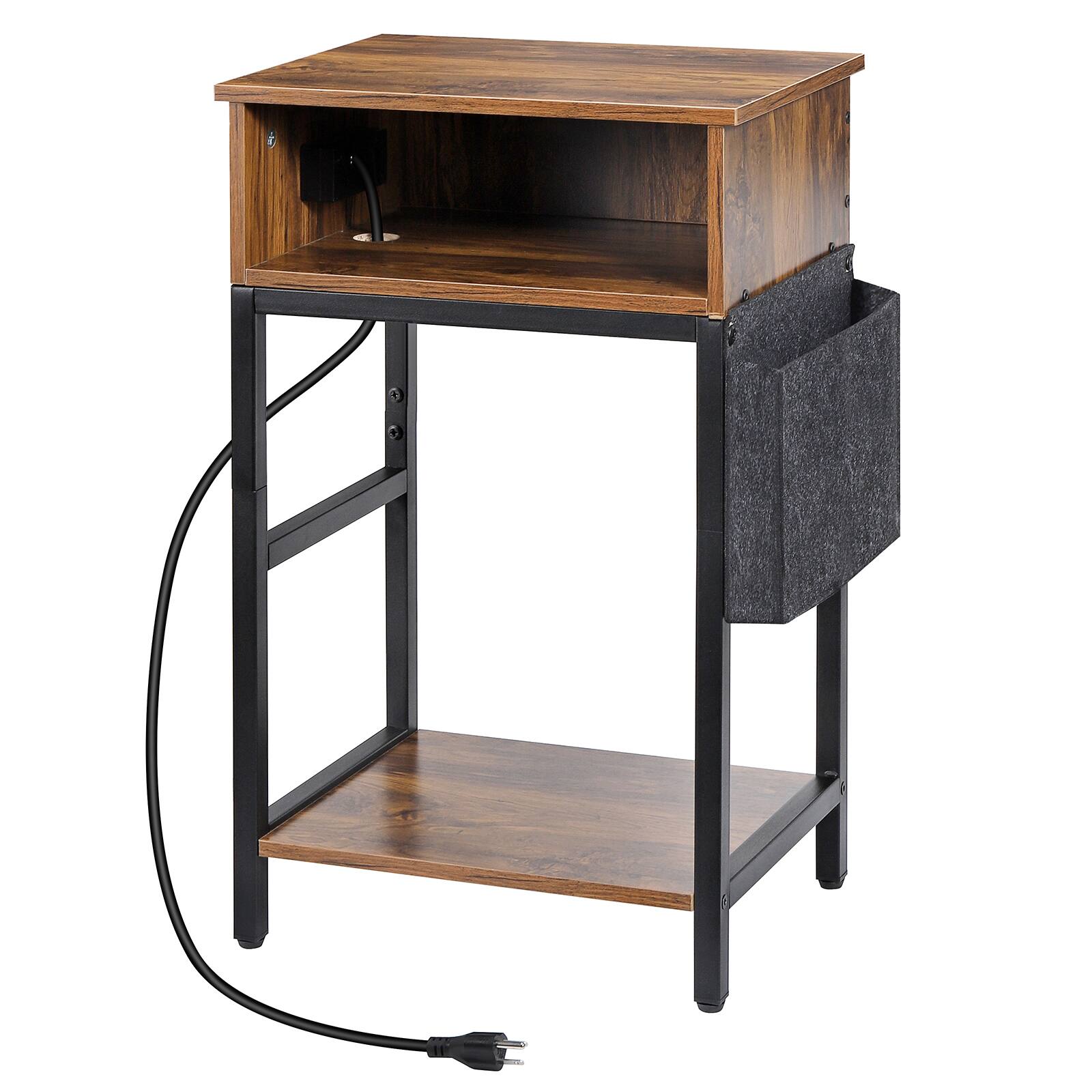 Oumilen - Nightstand with Built-in Charging Station and Side Pocket, Brown - Yellow