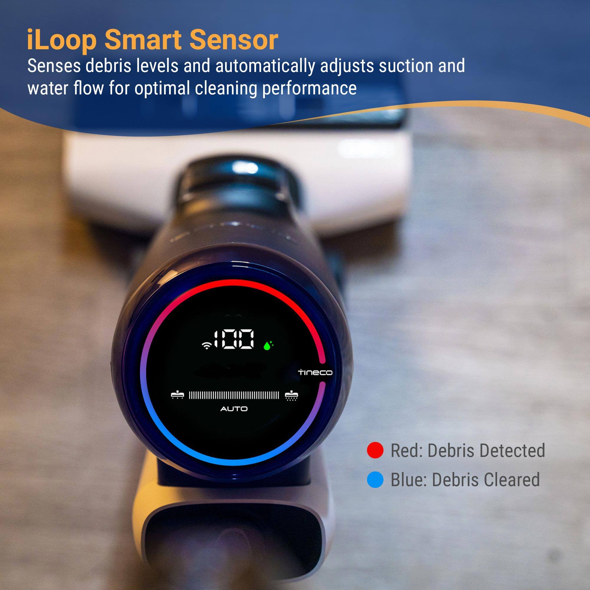 iLoop Smart Sensor  
Senses debris levels and automatically adjusts suction and water flow for optimal cleaning performance  

Red: Debris Detected  
Blue: Debris Cleared