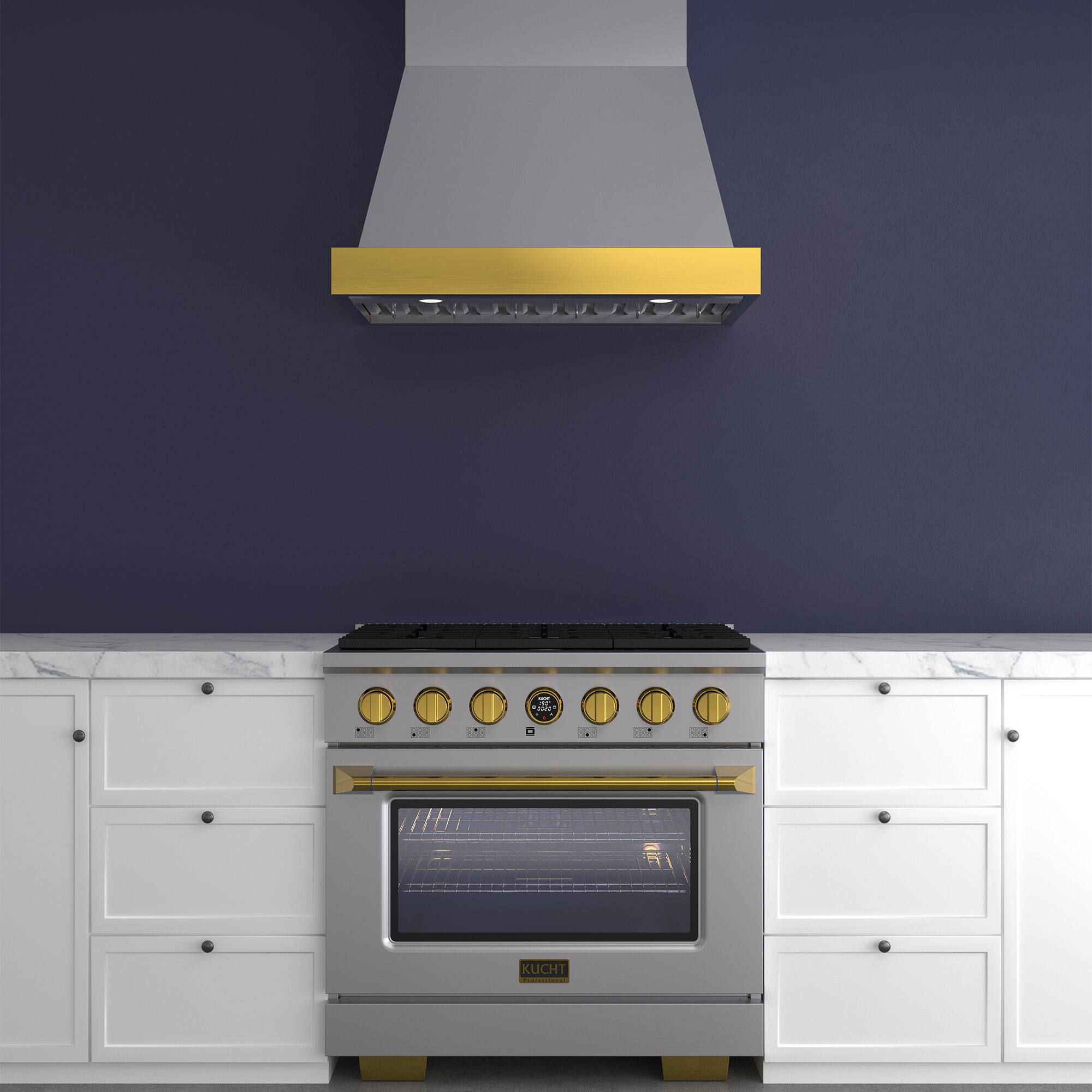 Angle. Kucht - 36 in. 5.2 cu. ft. Dual Fuel Range, 6 Burners, NG, SS w/ Gold Accents, Kucht Horus Thermostat - Stainless Steel & Gold.