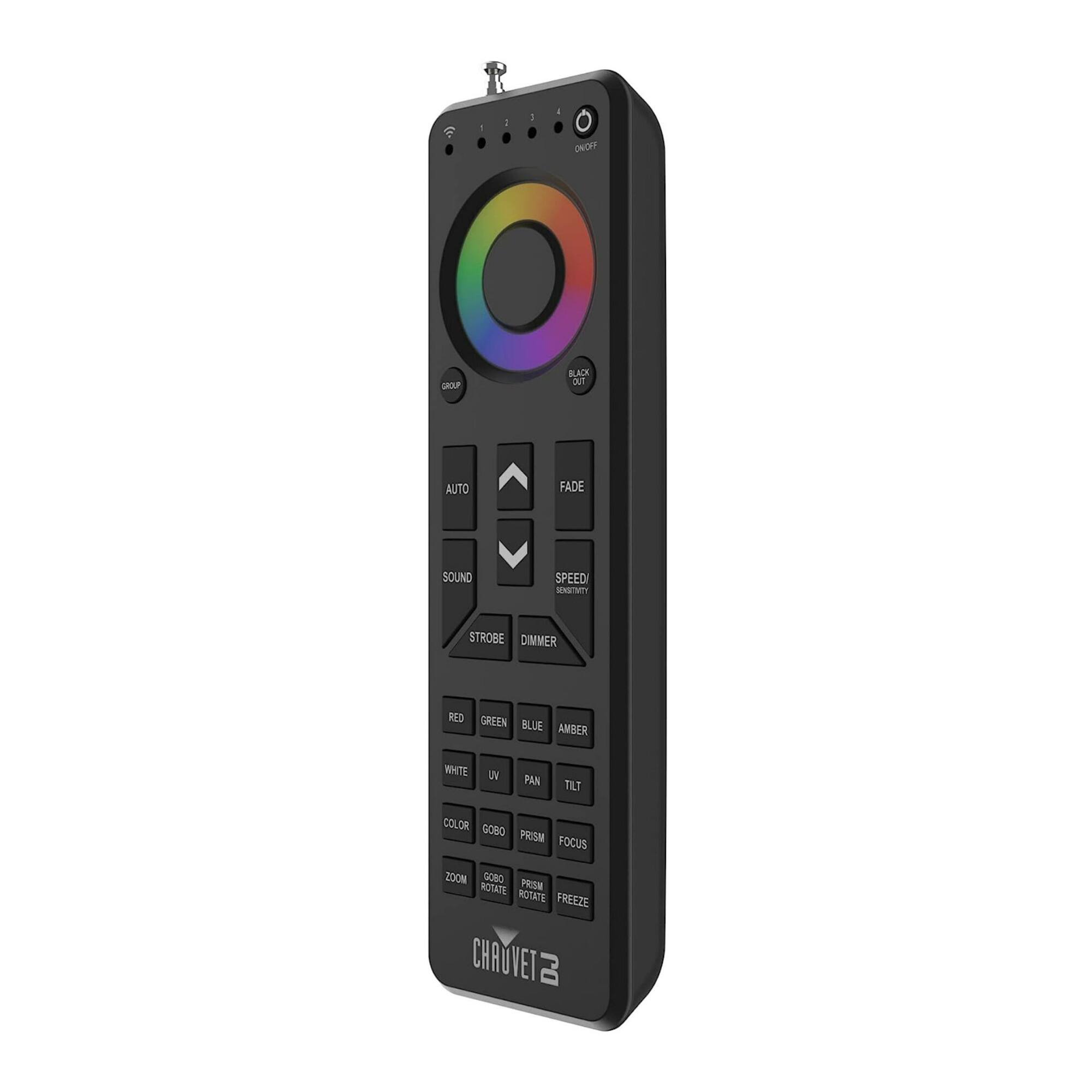- ON/OFF
- BLACK OUT
- AUTO
- FADE
- SOUND
- SPEED
- STROBE
- DIMMER
- RED
- GREEN
- BLUE
- AMBER
- WHITE
- UV
- PAN
- TILT
- COLOR
- GOBO
- PRISM
- FOCUS
- FREEZE
- ZOOM
- GOBO ROTATE
- PRISM ROTATE
- CHAUVET DJ