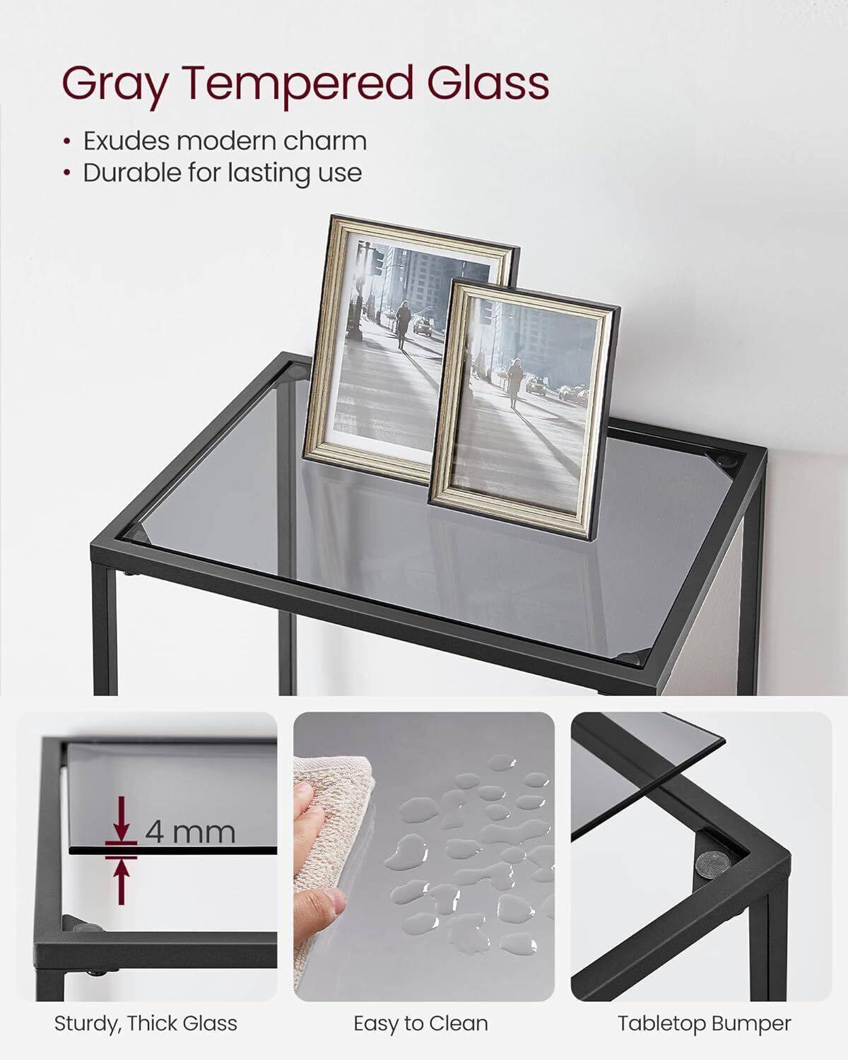 Gray Tempered Glass  
- Exudes modern charm  
- Durable for lasting use  

4 mm  
Sturdy, Thick Glass  
Easy to Clean  
Tabletop Bumper