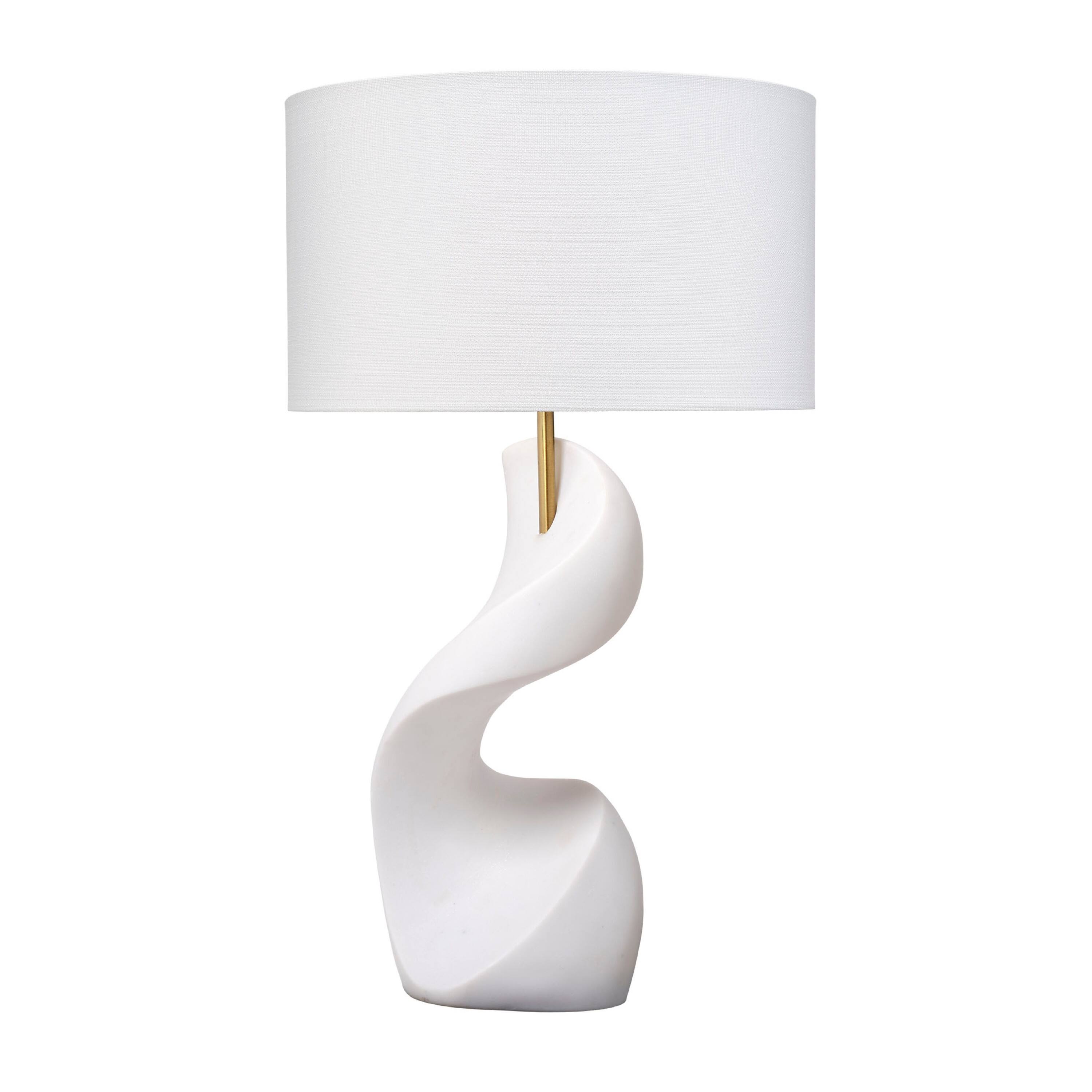 Front. Manhattan Lane - Koz Accent Table Lamp, Linen Shade, Curved Sculpture 32 Inch - White, Brass Finish.
