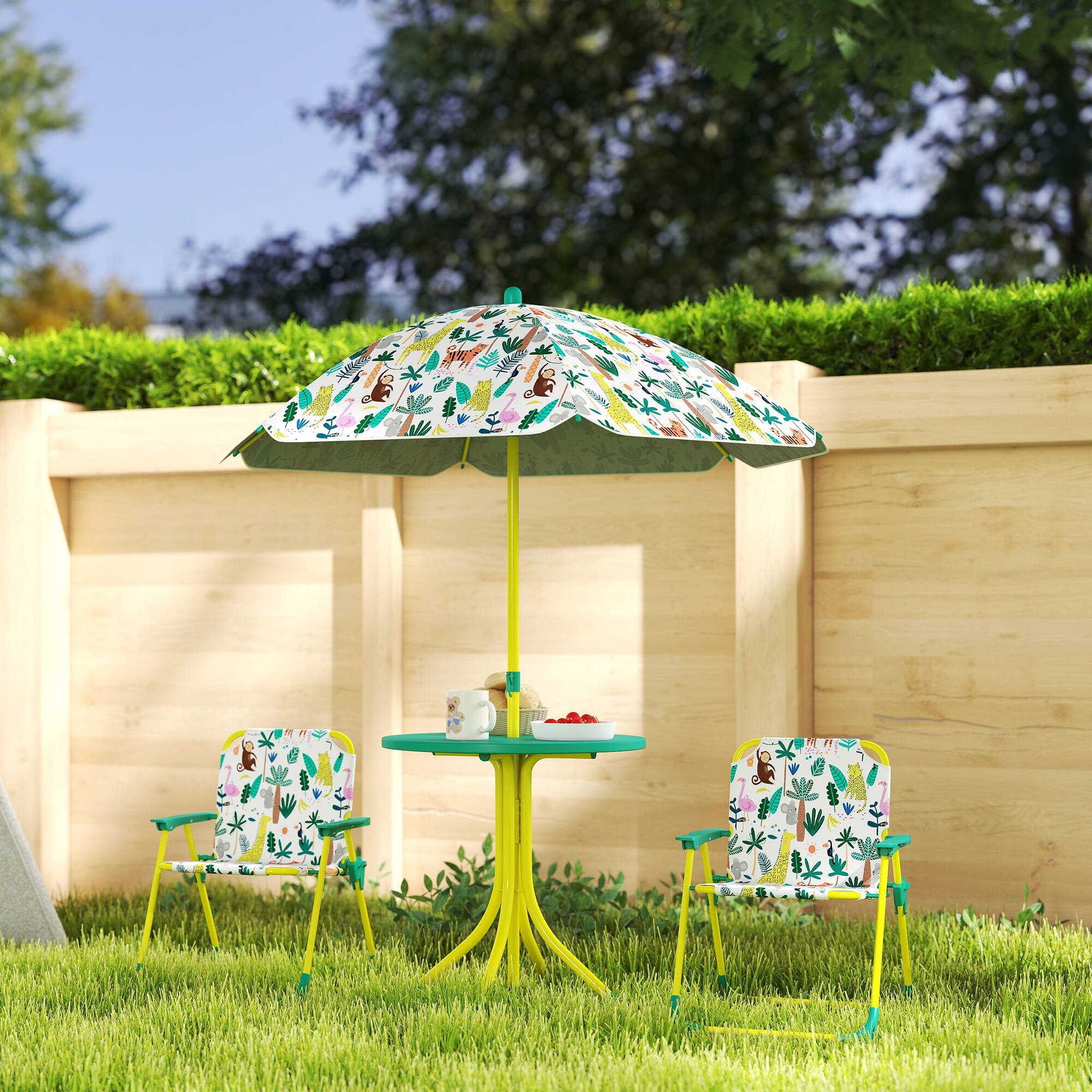 Alt View 1. Qaba - Kids Picnic Table, Kids Table and Chair Set with 2 Folding Chairs and Umbrella for Backyard, Garden - Green.