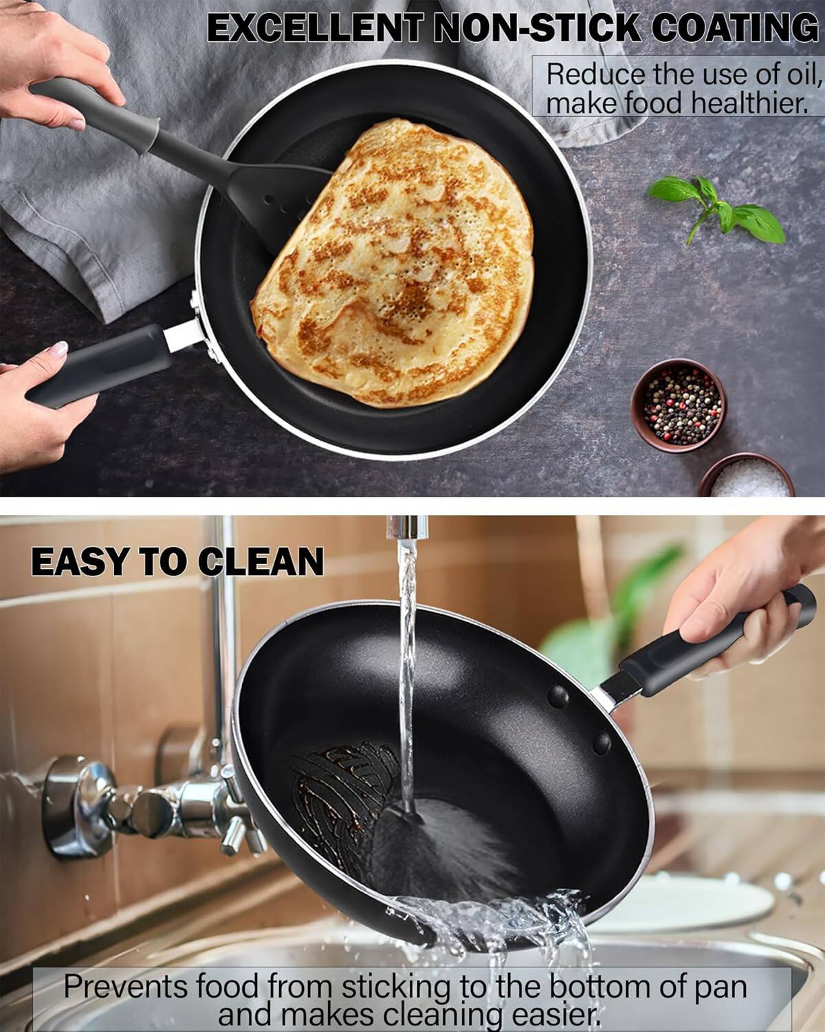 EXCELLENT NON-STICK COATING  
Reduce the use of oil, make food healthier.  

EASY TO CLEAN  
Prevents food from sticking to the bottom of pan and makes cleaning easier.