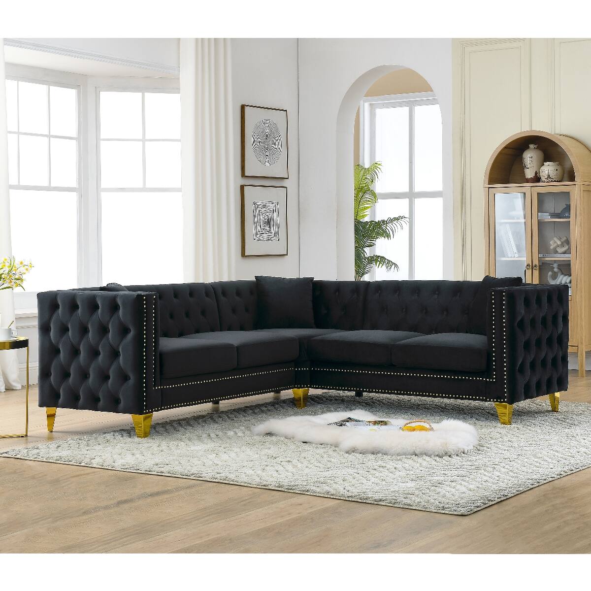 Left. Ropilly - Ropilly Velvet Corner Sofa, L Shaped Sectional Couch, Black 5 Seater Chesterfield Style Sofa - Black.