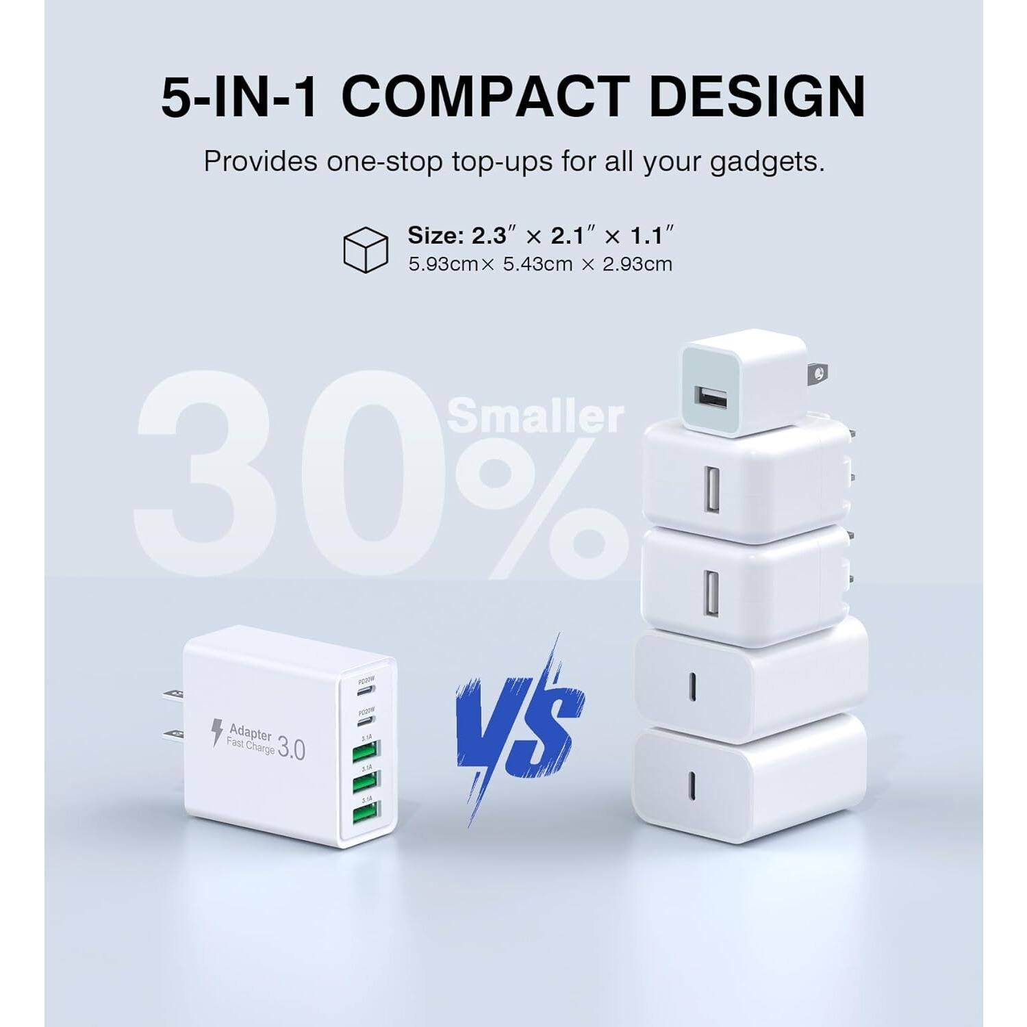 5-IN-1 COMPACT DESIGN  
Provides one-stop top-ups for all your gadgets.  

Size: 2.3" x 2.1" x 1.1"  
5.93cm x 5.43cm x 2.93cm  

30% Smaller  

Adapter Fast Charge 3.0