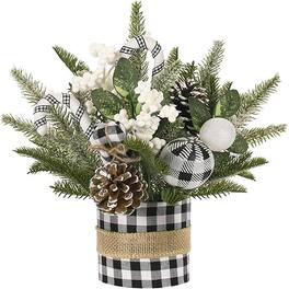 RTMB - Small Tabletop Christmas Tree, Artificial with White Berries & Pine Cones – - Black