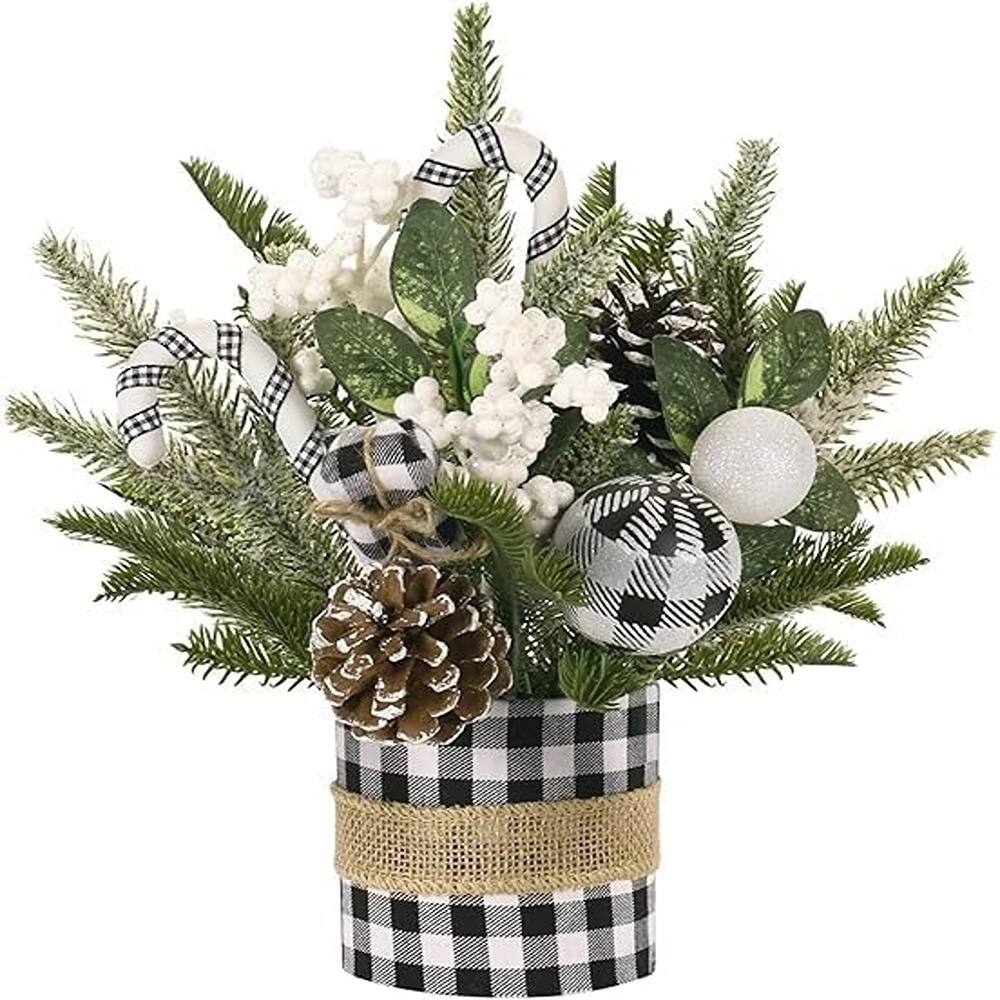 Front. RTMB - Small Tabletop Christmas Tree, Artificial with White Berries & Pine Cones – Black - Black.