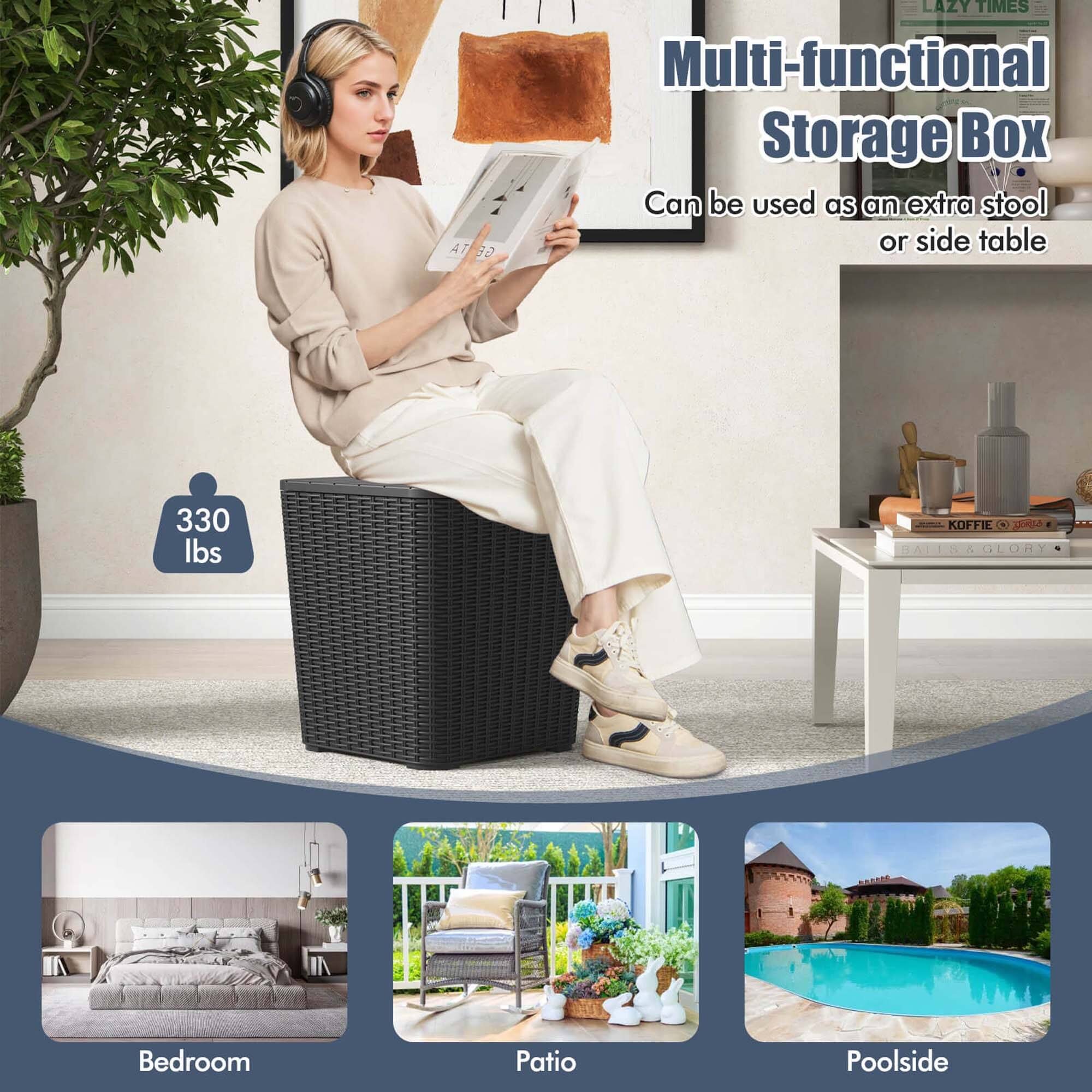 Multi-functional Storage Box  
Can be used as an extra stool or side table  

330 lbs  

Bedroom  
Patio  
Poolside