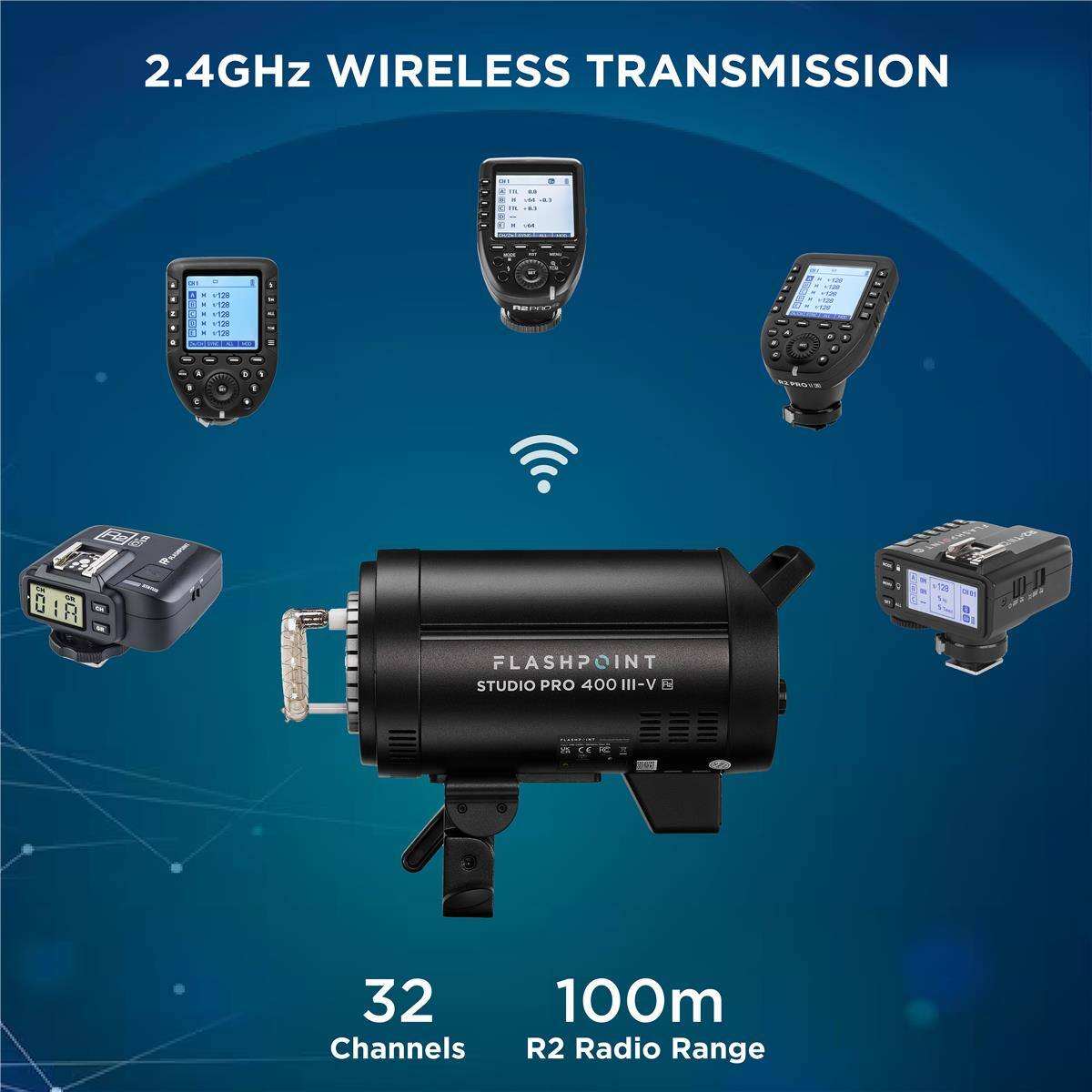 2.4GHz WIRELESS TRANSMISSION

FLASHPOINT STUDIO PRO 400 III-V

32 Channels

100m R2 Radio Range
