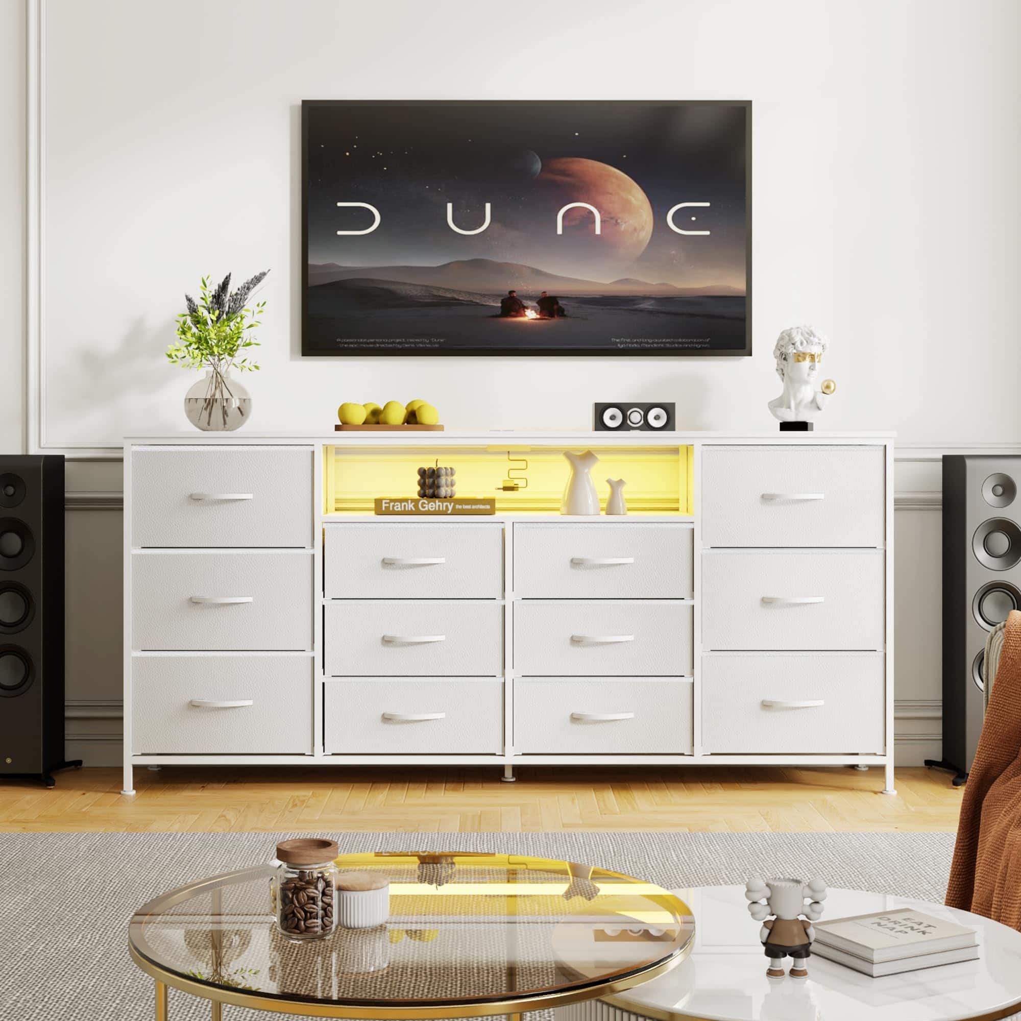 Qeetex - 63" Dresser TV Stand for 65-75 Inch TVs, Fabric Chest with Charging Station, LED Lights & 12 Drawers - White