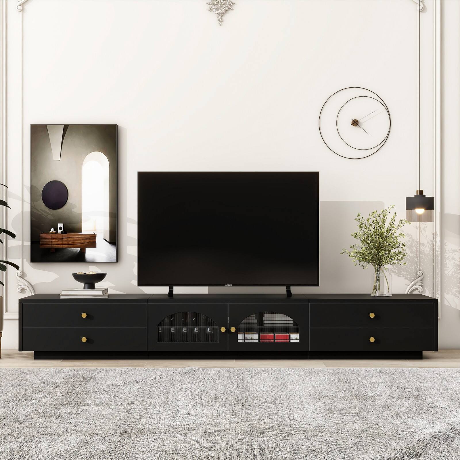 Alt View 7. Ecooso - Luxurious TV Stand with Fluted Glass Doors,TVs Up to 95'', Tempered Glass Shelf TV Cabinet with Multiple Storage Options - Black.