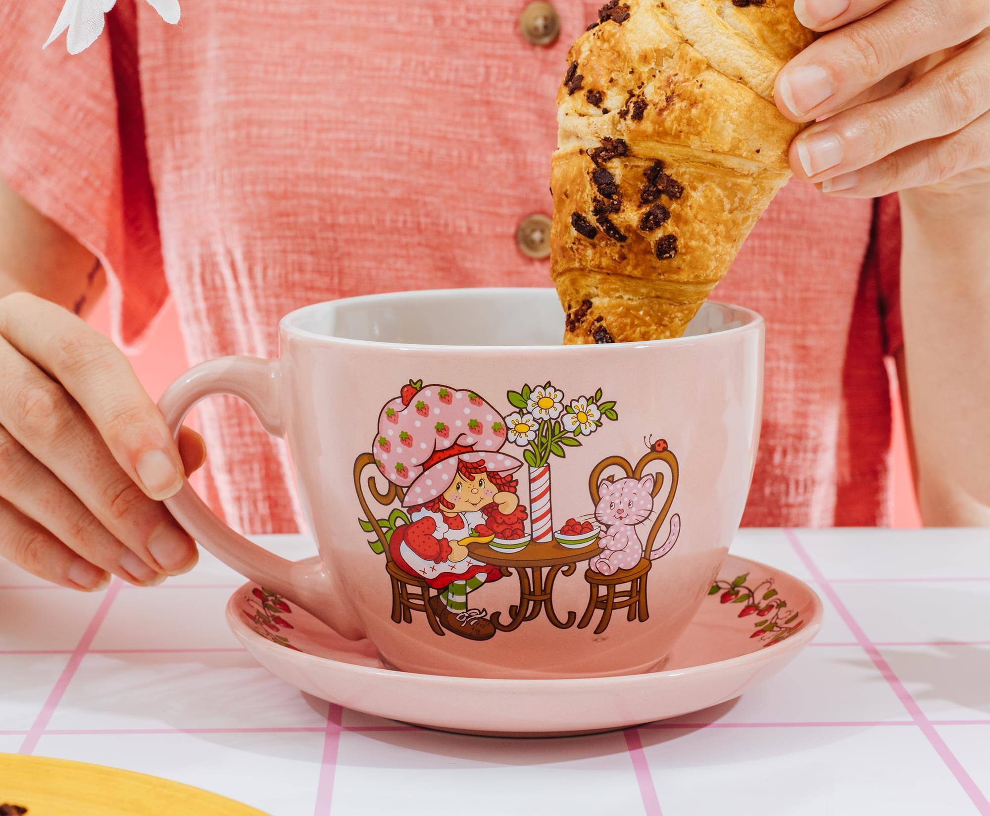 Alt View 6. Silver Buffalo - Strawberry Shortcake Tea Party Ceramic Teacup and Saucer Set | Holds 22 Ounces - Pink.
