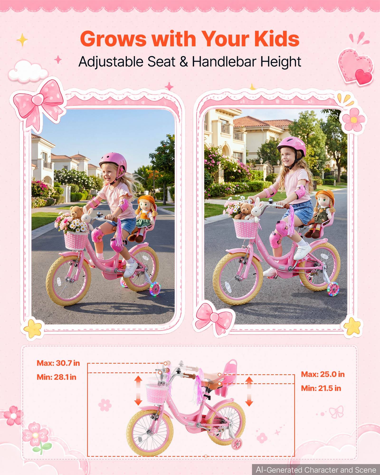 Grows with Your Kids  
Adjustable Seat & Handlebar Height  

Max: 30.7 in  
Min: 28.1 in  

Max: 25.0 in  
Min: 21.5 in  

AI-Generated Character and Scene