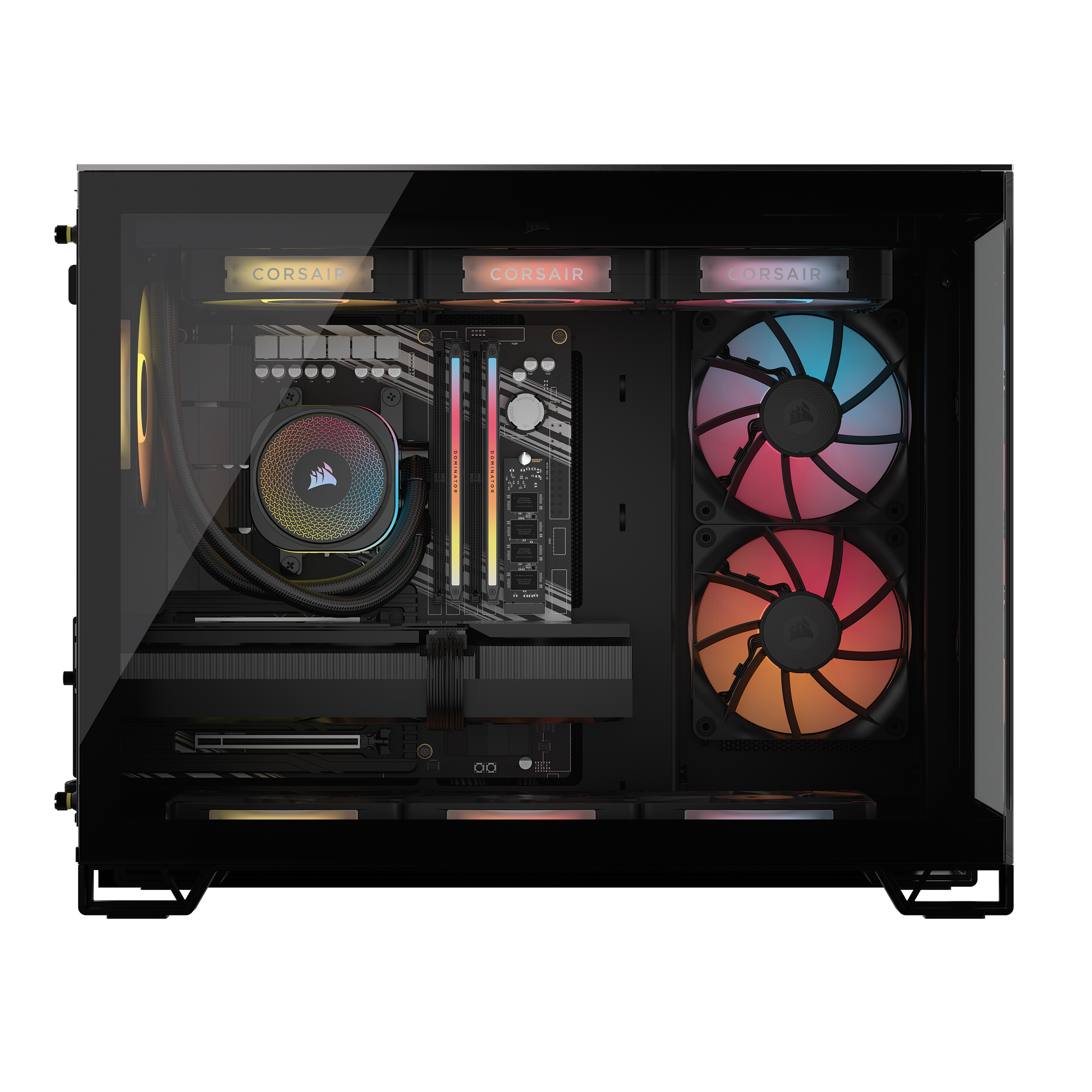 Corsair is a company that produces computer components, including power supplies, cooling systems, and memory. The image shows a Corsair computer case with a clear side panel, allowing a view of the internal components. The case is filled with various electronic parts, such as a power supply, fans, and other components. The case is designed to provide efficient cooling and protection for the computer components, ensuring optimal performance and longevity.