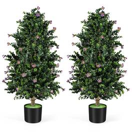 Gymax - 2 Pack 36'' Artificial Topiary Cone Tree w/49 Flowers Cement-filled Planter Green & White & Black - Purple