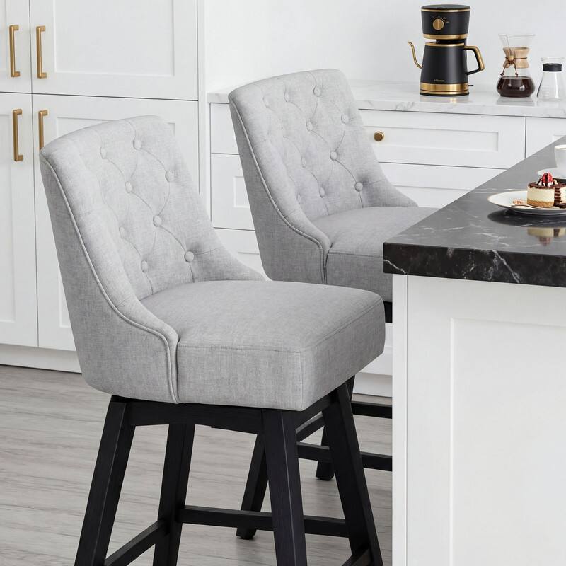 Alt View 2. Dyonery - 4 pcs modern style bar stool, 36-inch high bar, retro diamond buckle design, rotatable, solid wood legs, linen，Grey - Grey.