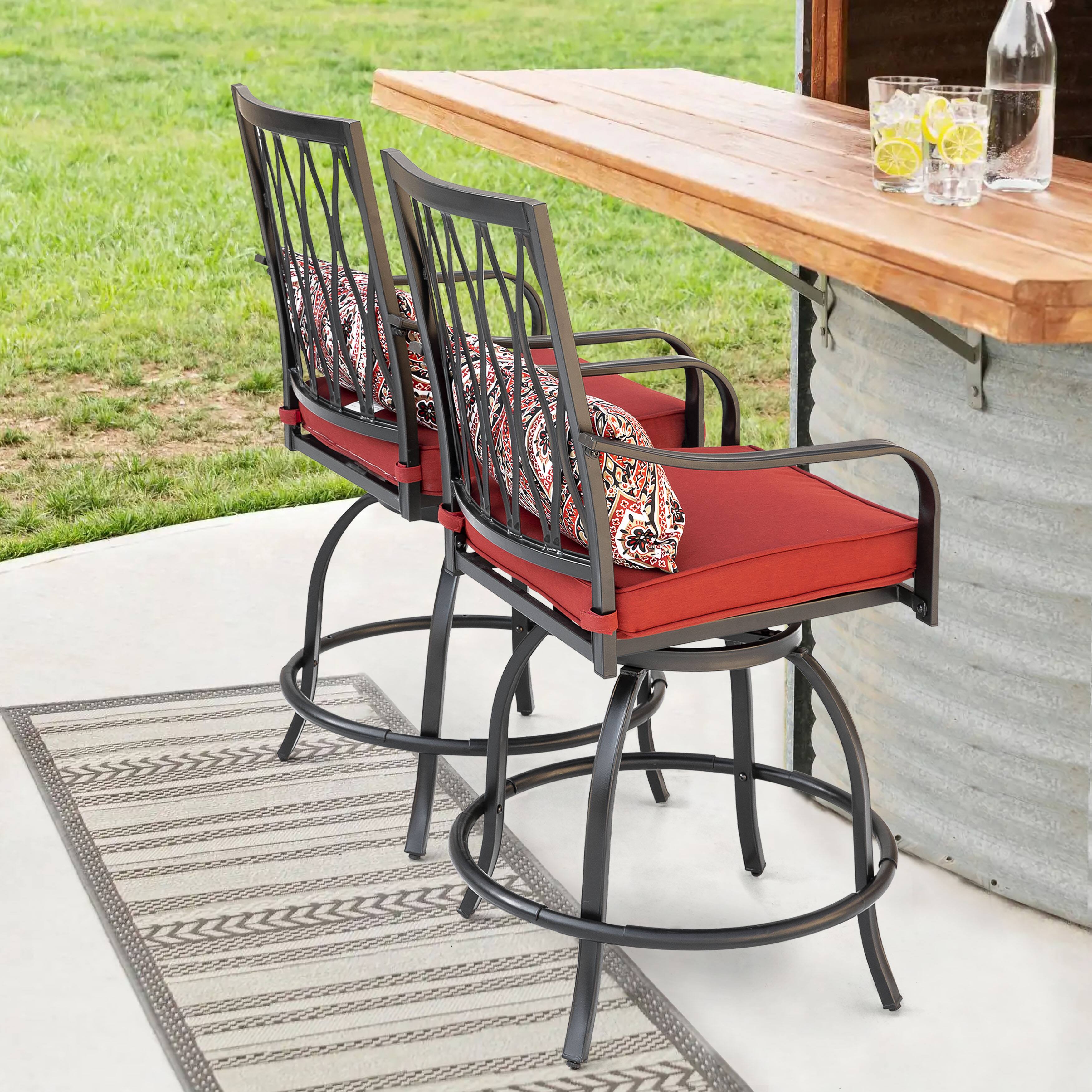 Left. Nuu Garden - Outdoor Patio Swivel Bar Stool Set of 2 Iron Bar Height Bistro Chairs, with Padded Cushions and Extra Pillows - Black and Red.