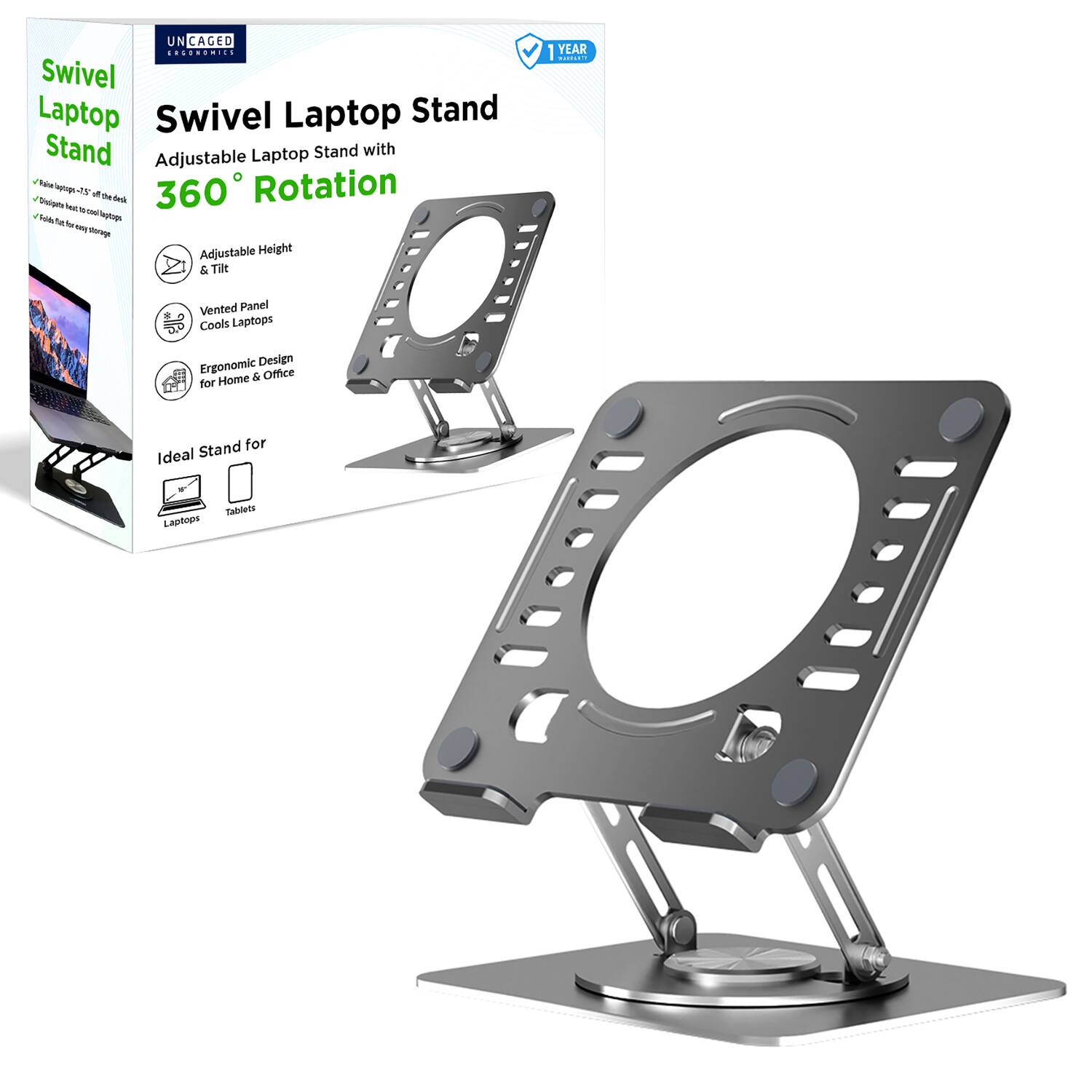 UN CAGED ECONOMIES 1 YEAR T Swivel Laptop Stand

Adjustable Laptop Stand with 360° Rotation

- Adjustable Height & Tilt
- Vented Panel Cools Laptops
- Ergonomic Design for Home & Office

Ideal Stand for Laptops & Tablets