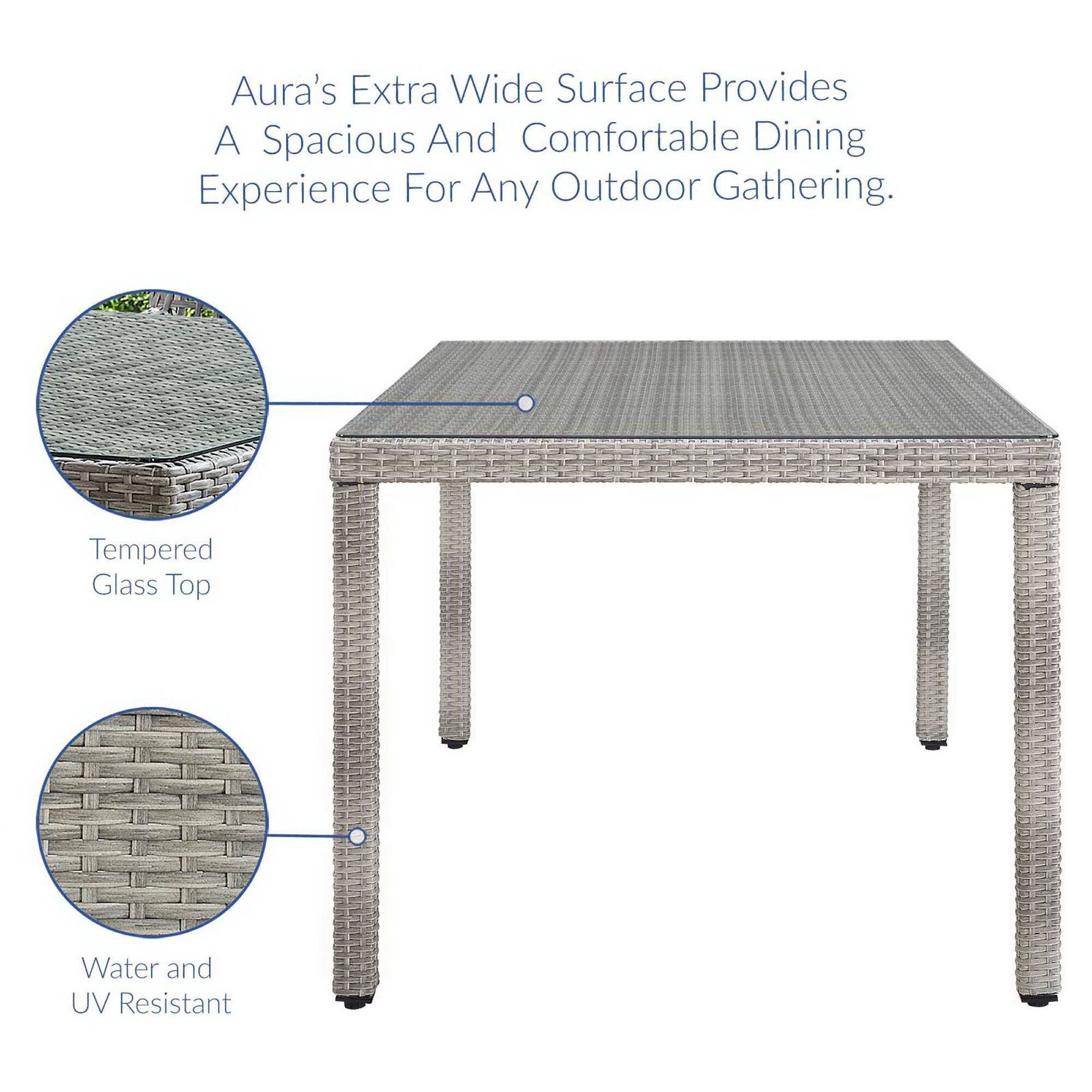 Aura's Extra Wide Surface Provides A Spacious And Comfortable Dining Experience For Any Outdoor Gathering. Tempered Glass Top Water and UV Resistant