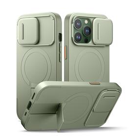 SURITCH - Bumper Case for iPhone 13 Pro with Camera Cover, Kickstand, Compatible with MagSafe, Shockproof Slim Protective Cover - Khaki Green