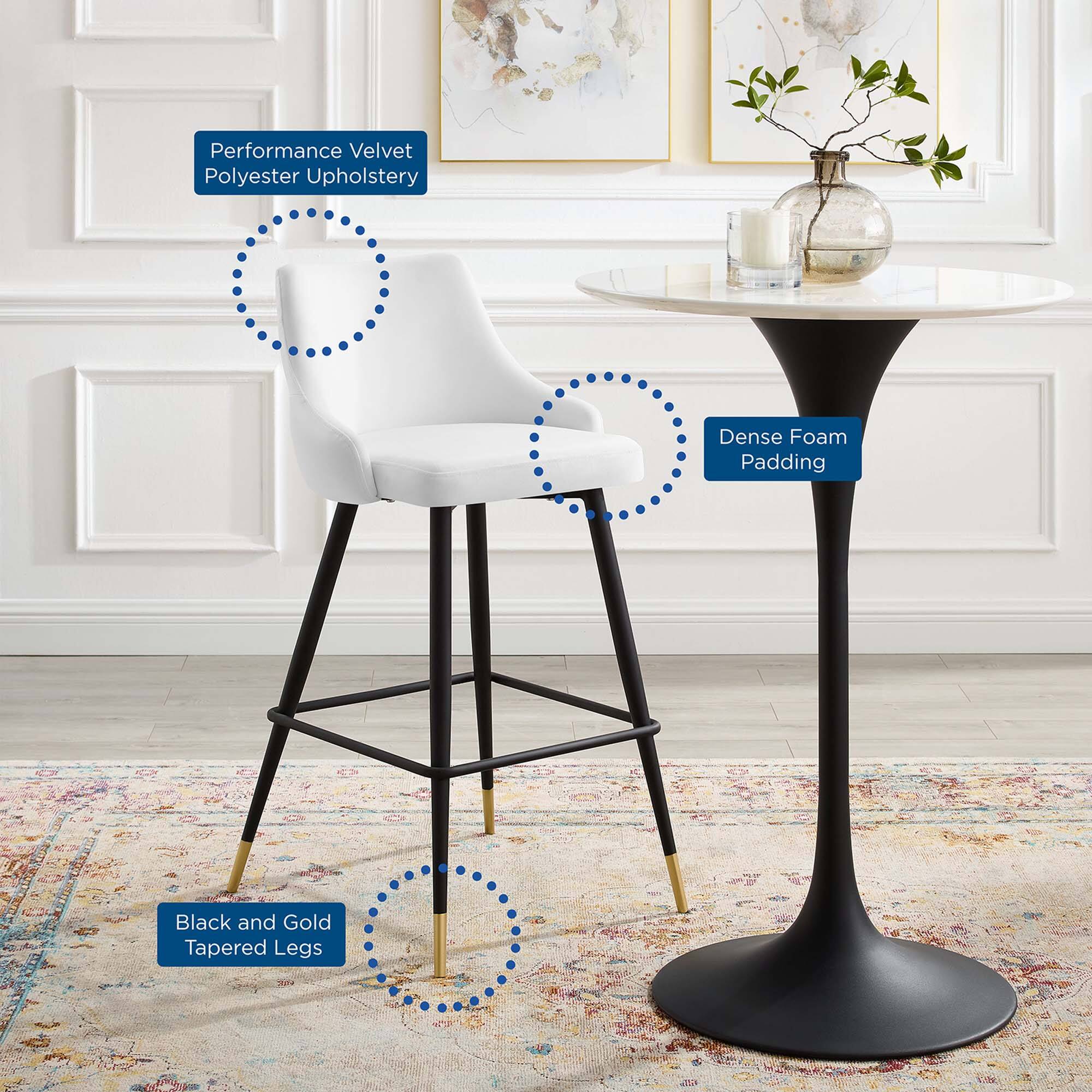 Performance Velvet Polyester Upholstery  
Dense Foam Padding  
Black and Gold Tapered Legs