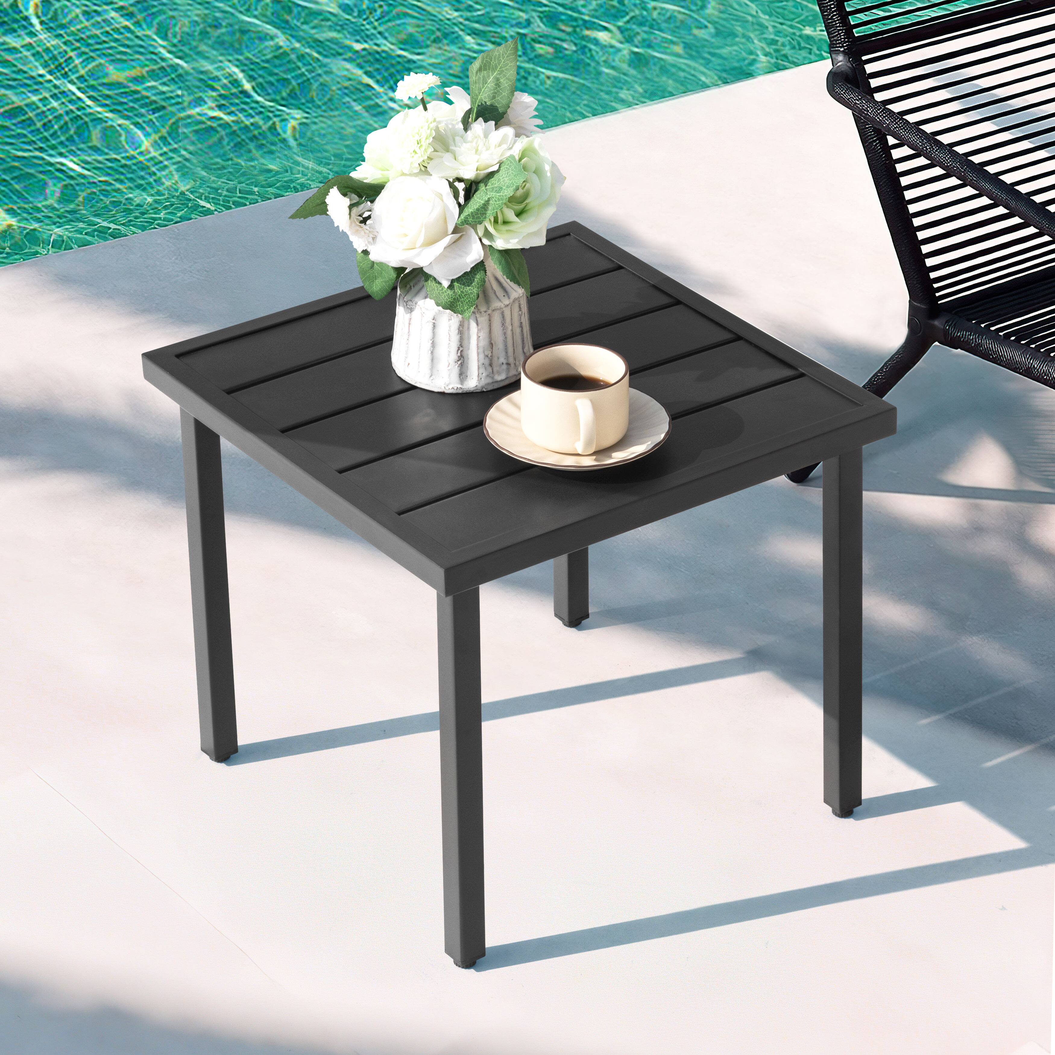 Left. Nuu Garden - Outdoor Square Side Table, Slatted Tabletop, Adjustable Feet, Powder-Coated Metal Frame - Black.
