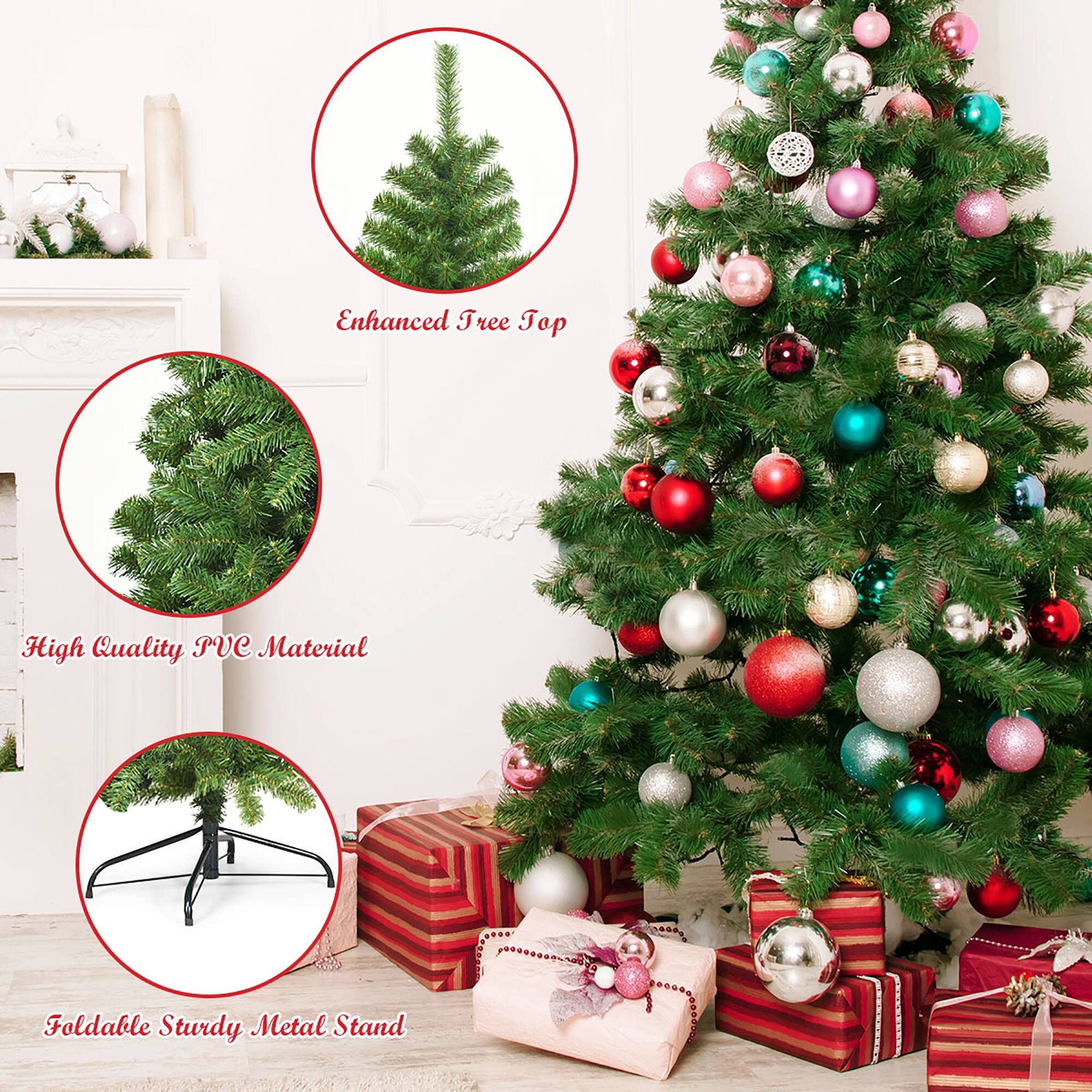 The text on the image is grouped as follows:

1. Enhanced Tree Top: This refers to the top of the Christmas tree, which is often decorated with ornaments and lights.
2. High Quality PVC Material: This suggests that the tree is made from high-quality PVC material, which is a type of plastic commonly used in holiday decorations.
3. Foldable Sturdy Metal Stand: This indicates that the tree stand is made from metal and can be folded for easy storage and transportation.