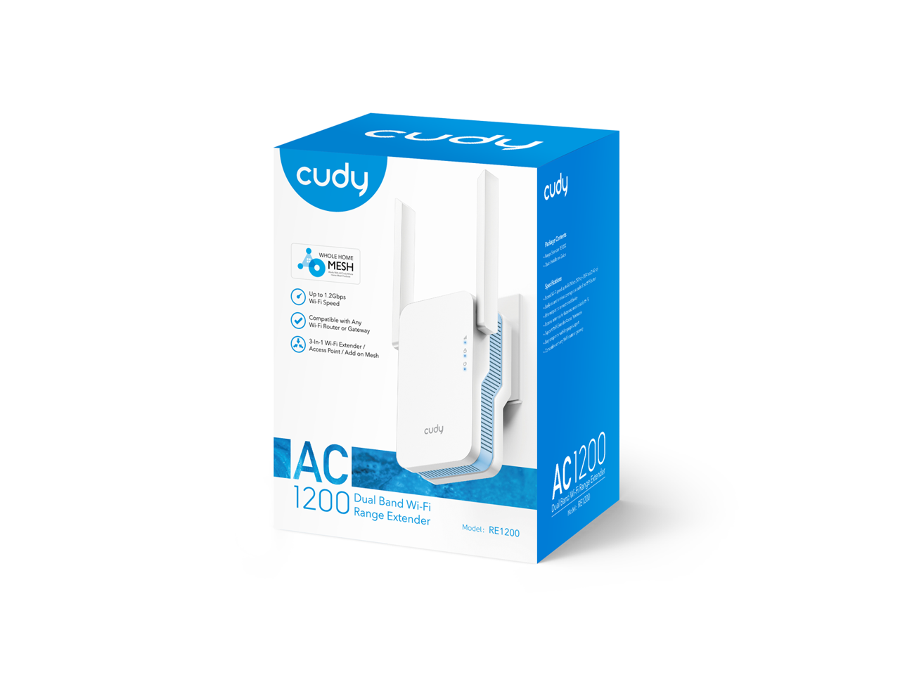 cudy AC1200 Dual Band Wi-Fi Range Extender  
Model: RE1200  

- WHOLE HOME MESH  
- Up to 12Gbps Wi-Fi Speed  
- Compatible with Any Wi-Fi Router or Gateway  
- 3-in-1 Wi-Fi Extender / Access Point / Add-on Mesh  
- Up to 30 WA Extender