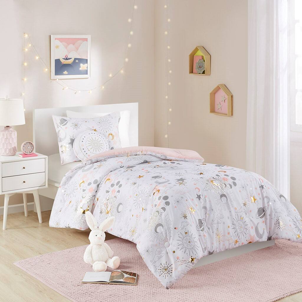 Alt View 1. Gracie Mills - Gracie Mills Dervan Celestial Dreams Starry Sky Metallic Comforter Set with Enchanting Throw Pillow - Blush/Gold.
