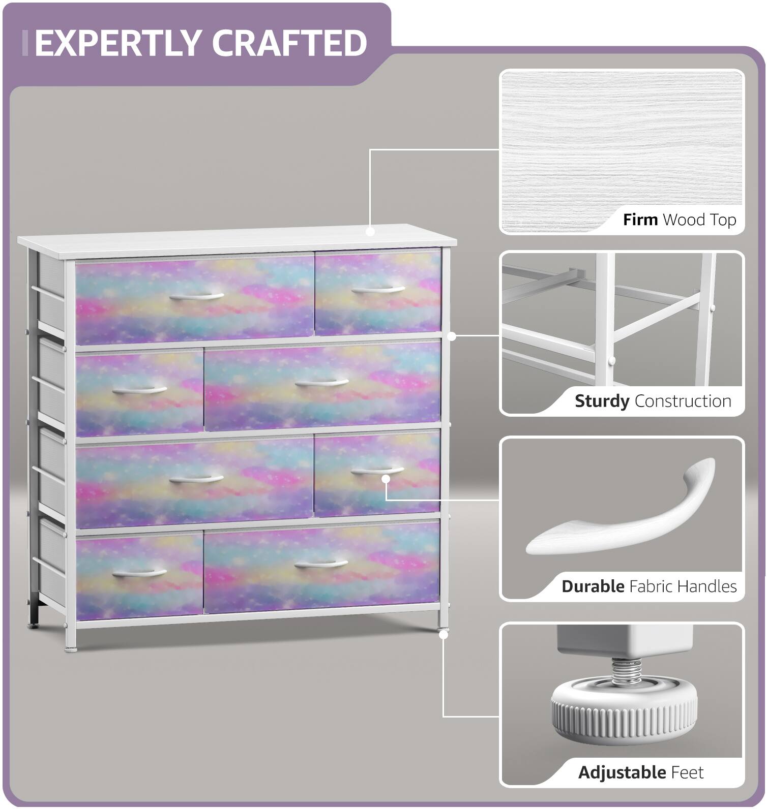 EXPERTLY CRAFTED

- Firm Wood Top
- Sturdy Construction
- Durable Fabric Handles
- Adjustable Feet